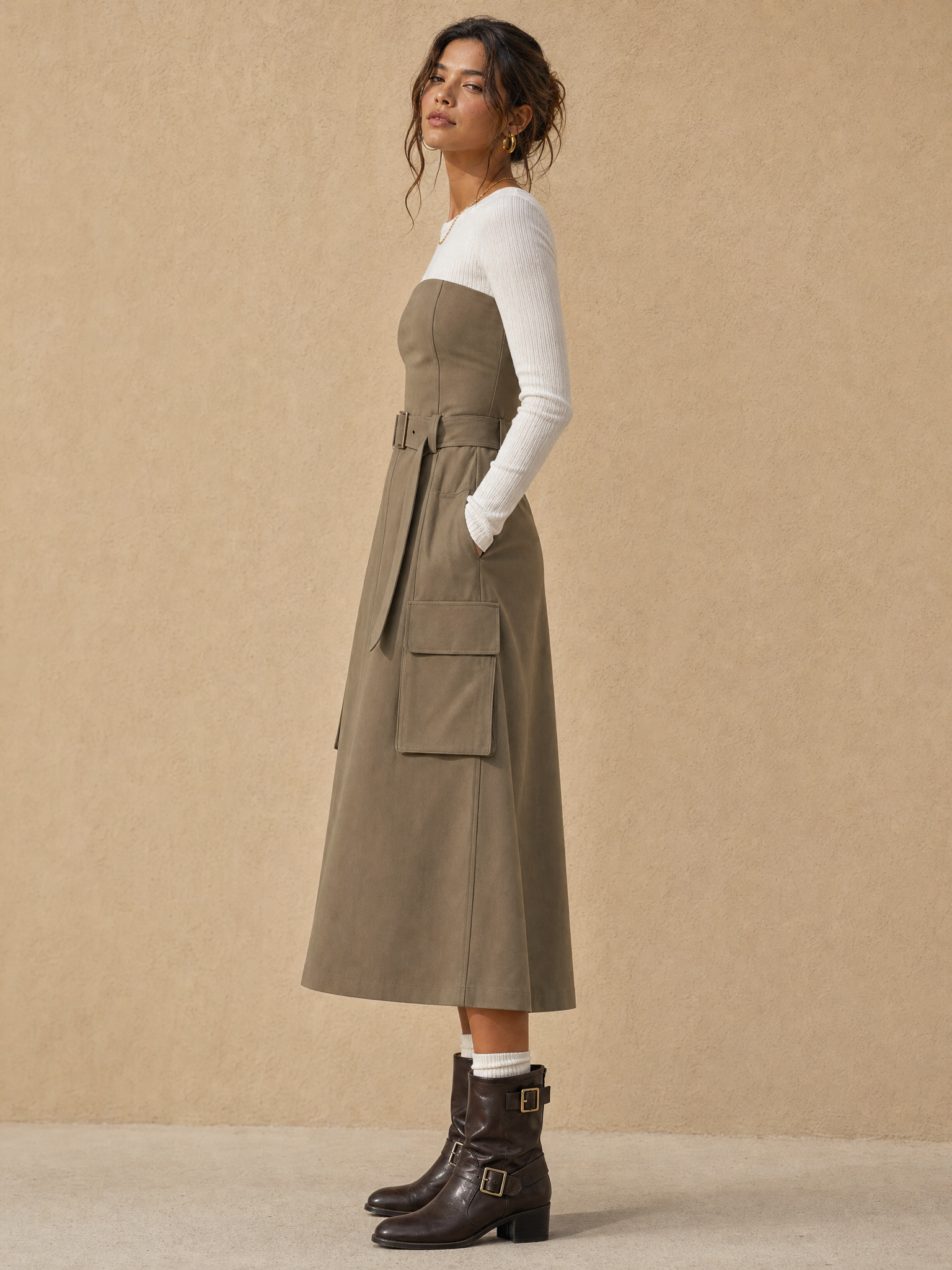 Brown Faux-layered Dress