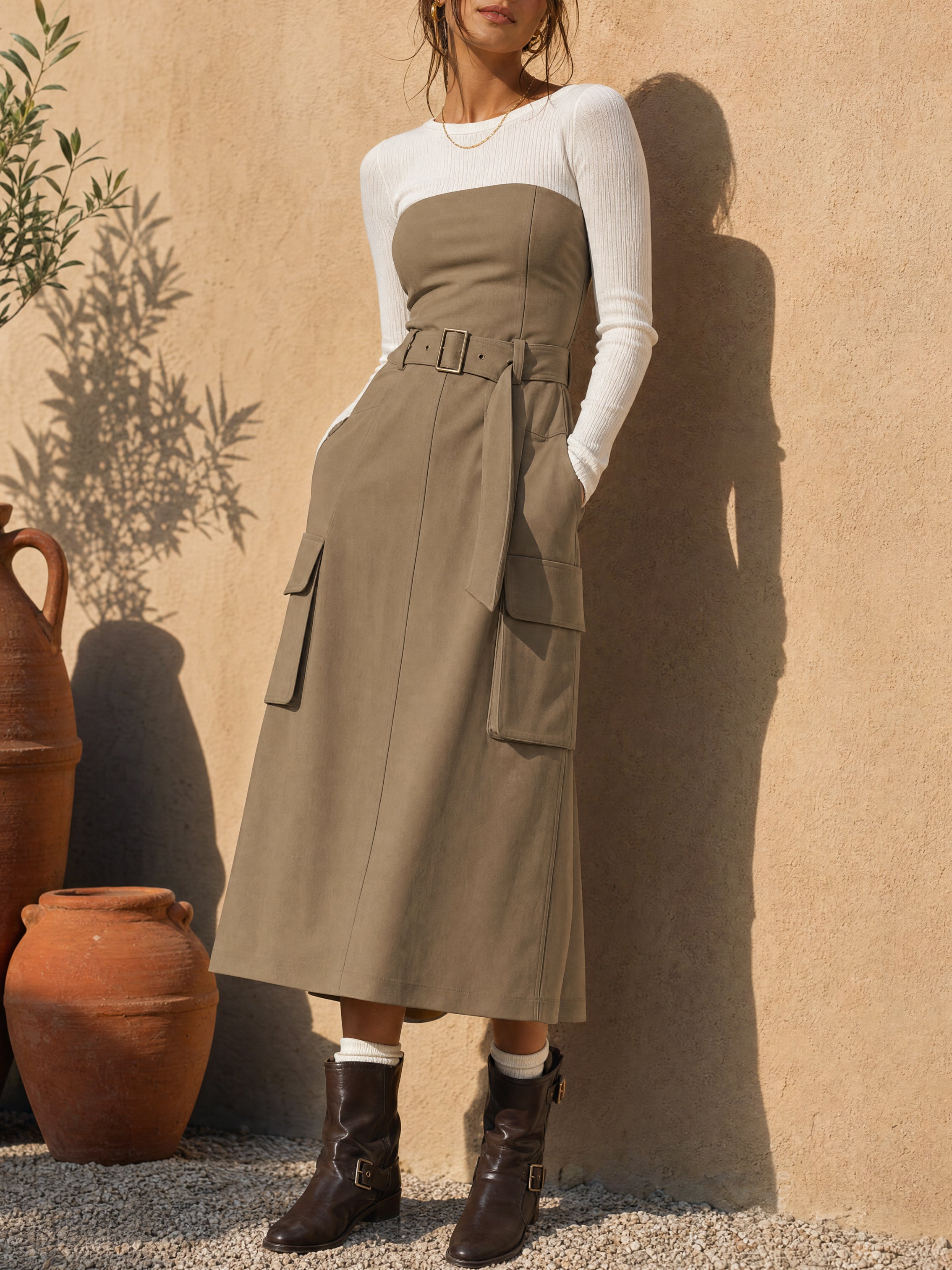 Brown Faux-layered Dress