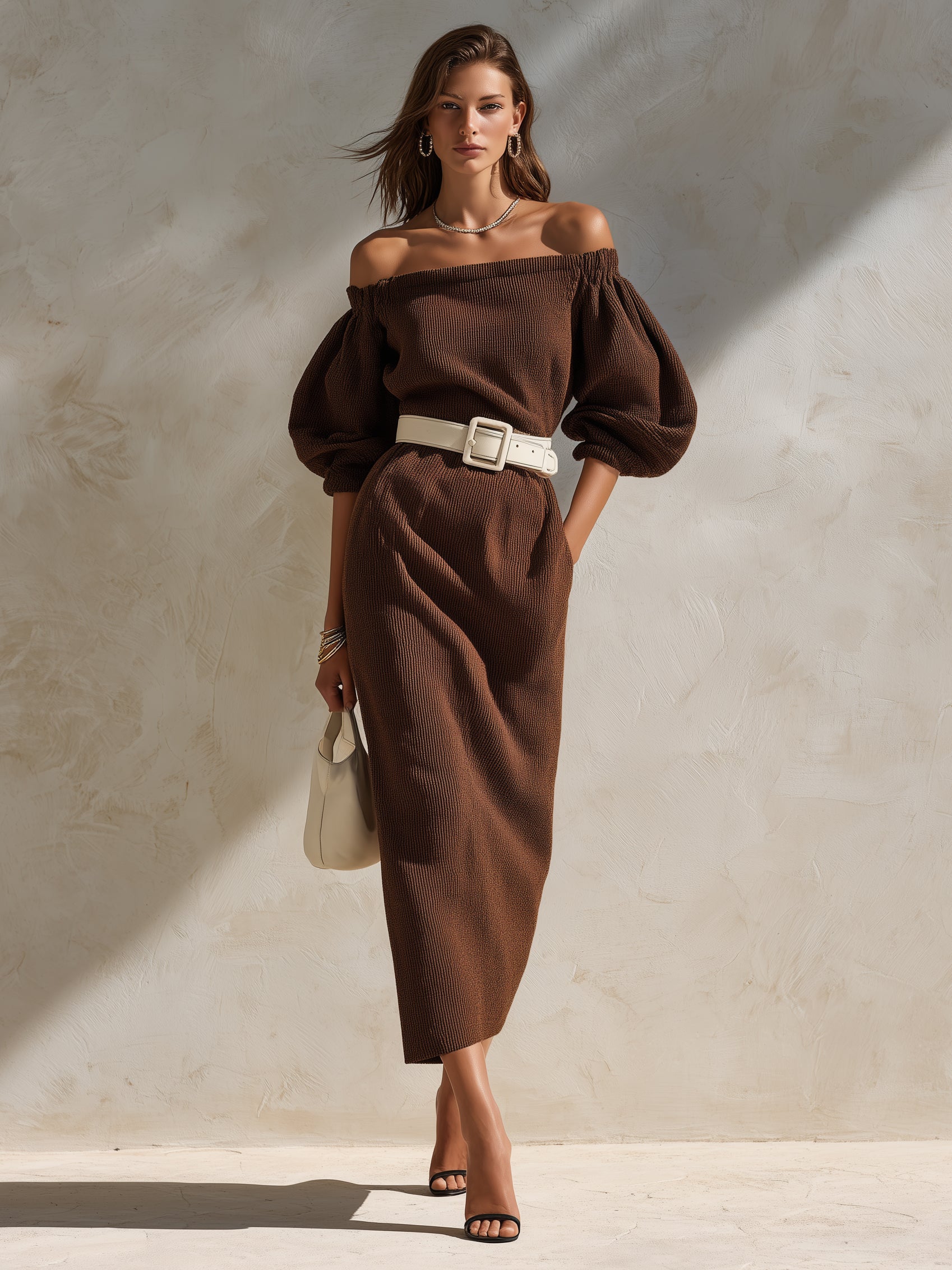 Brown Off-the-shoulder Knit Dress With Lantern Sleeves