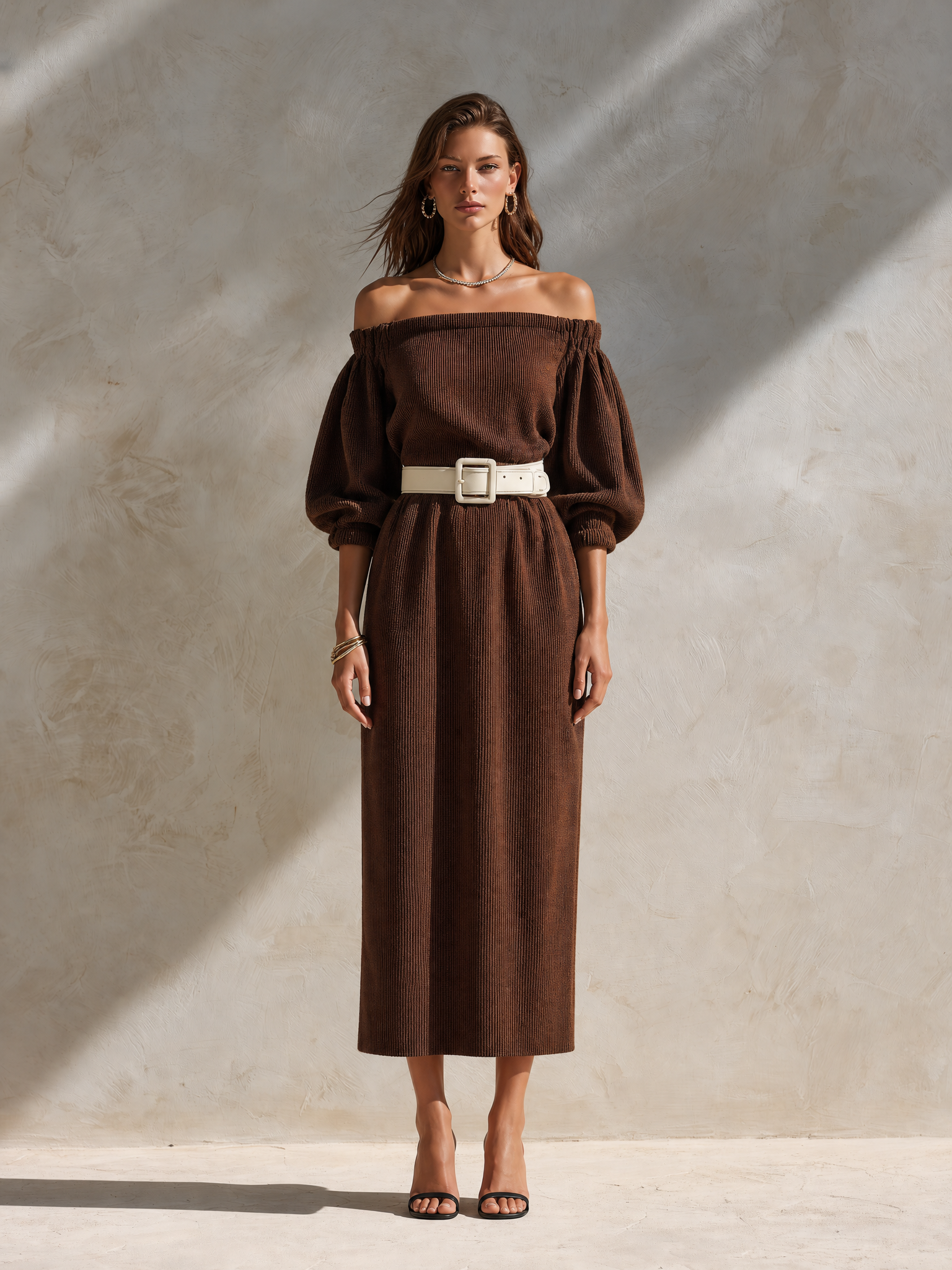 Brown Off-the-shoulder Knit Dress With Lantern Sleeves