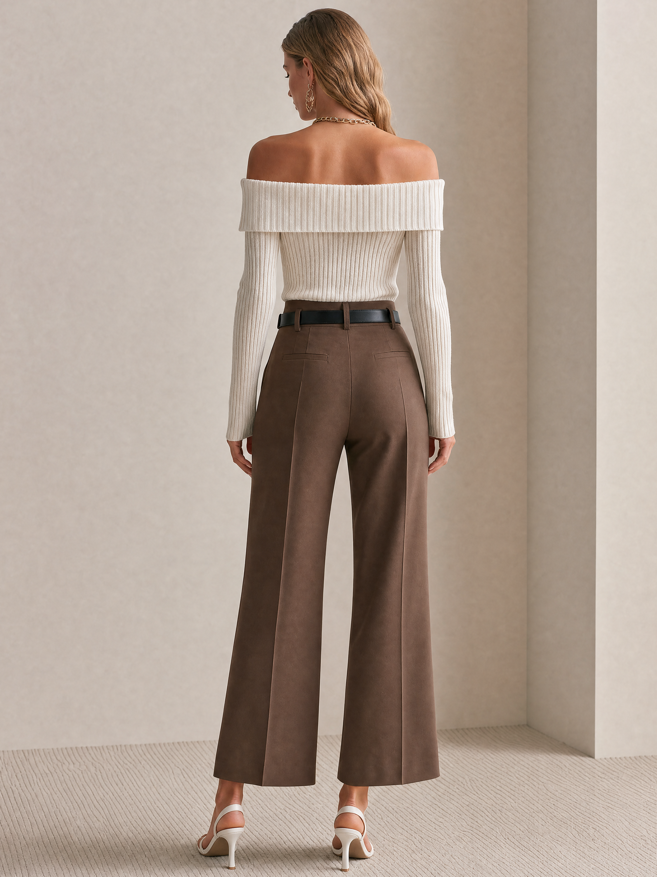 Elegant Ribbed Knit Foldover Top And Brown Tailored Pants Set