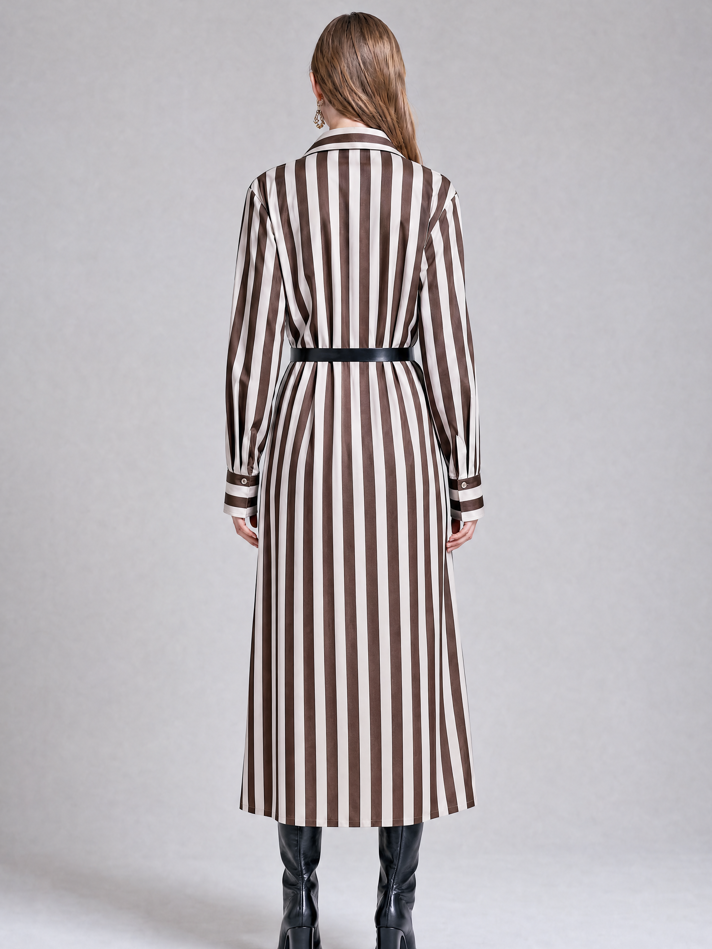Elegant Chocolate Brown Cotton Blend Stripe Shirt Dress
