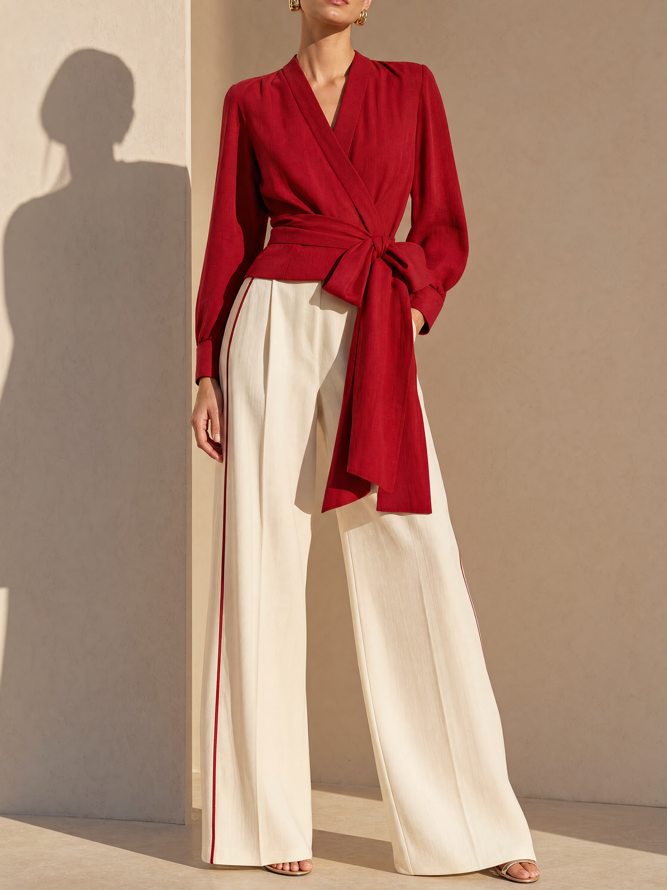 Elegant Red Linen Blend Shirt And White Wide Leg Pants Set
