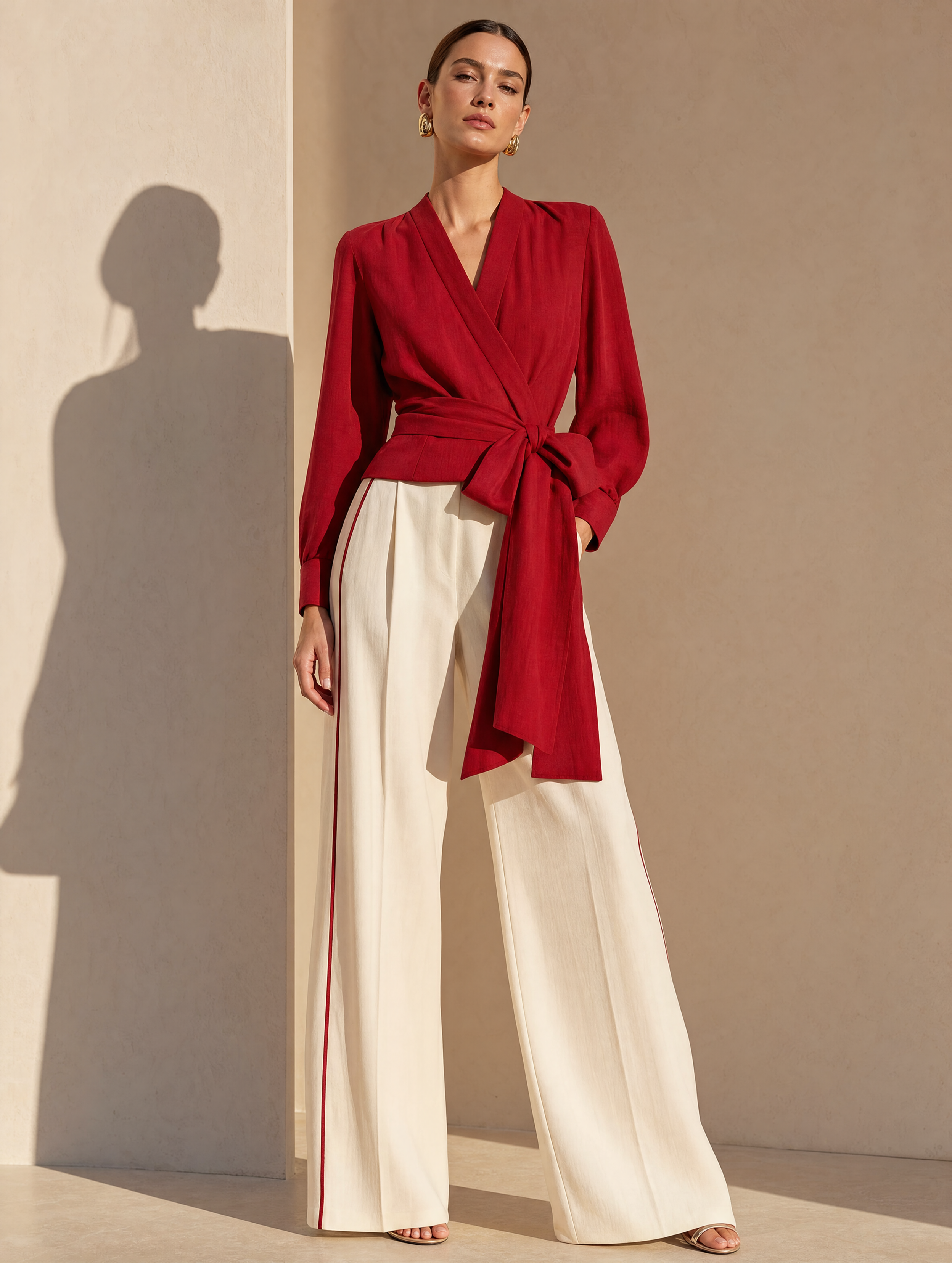 Elegant Red Linen Blend Shirt And White Wide Leg Pants Set