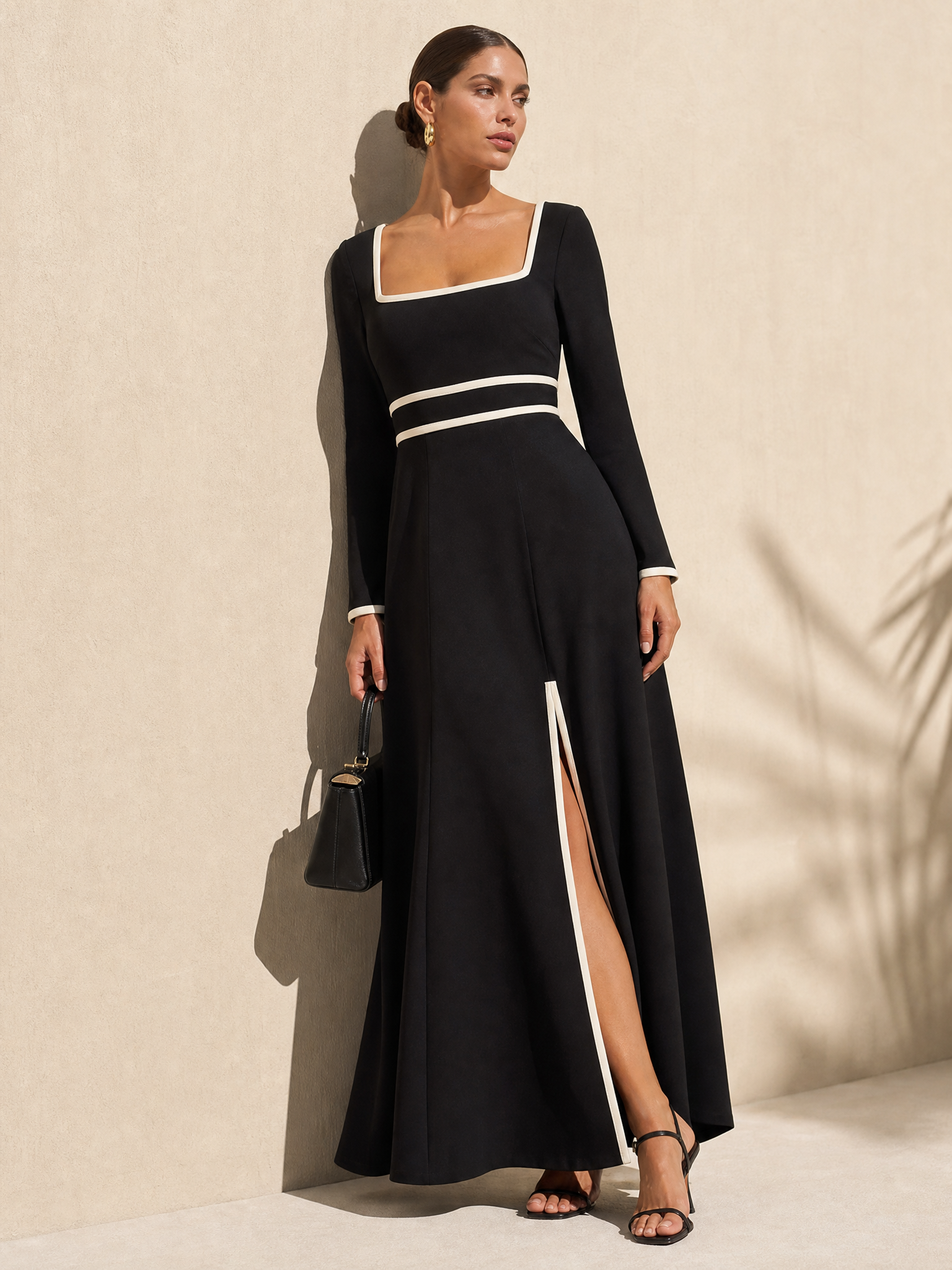 Elegant Contrast Square Neck Long Sleeve Slimming Dress