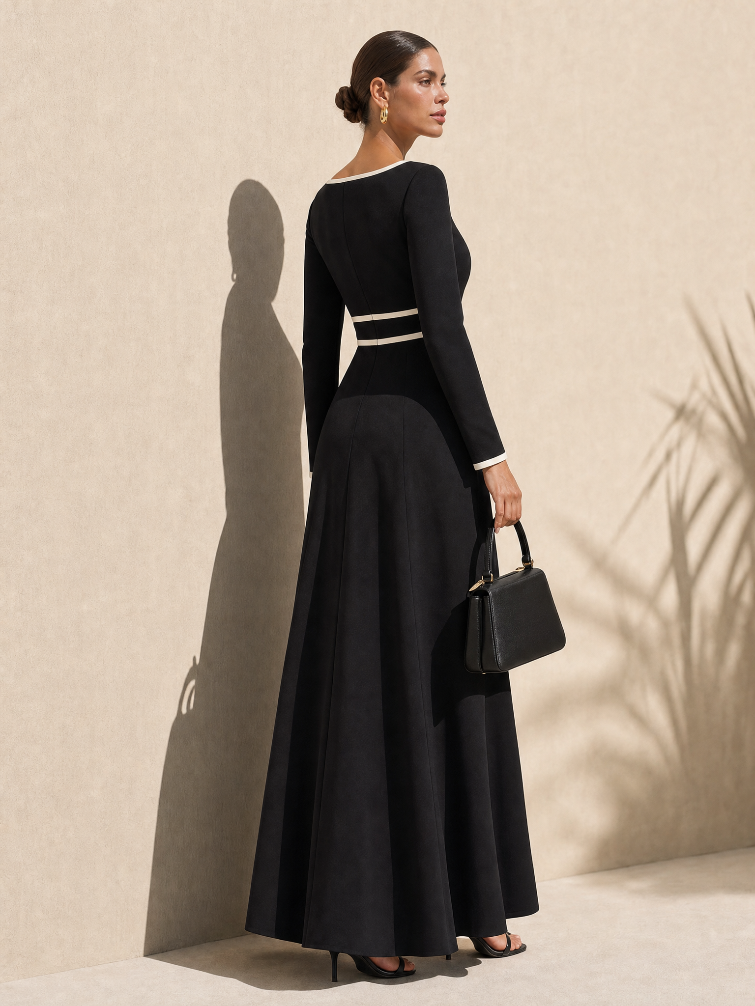 Elegant Contrast Square Neck Long Sleeve Slimming Dress