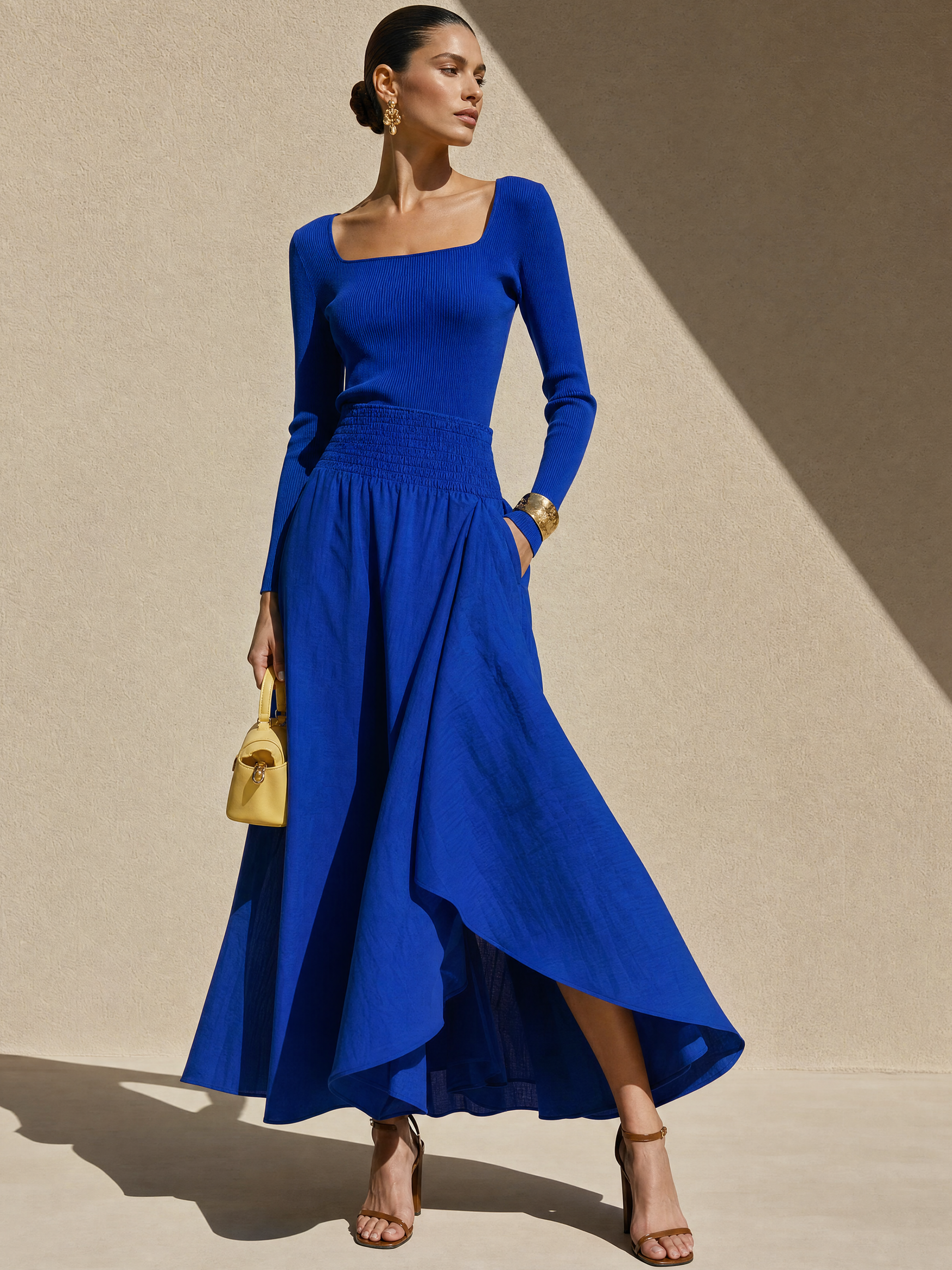 Elegant Royal Blue Ribbed Knit Top & Linen Blend Maxi Skirt Set