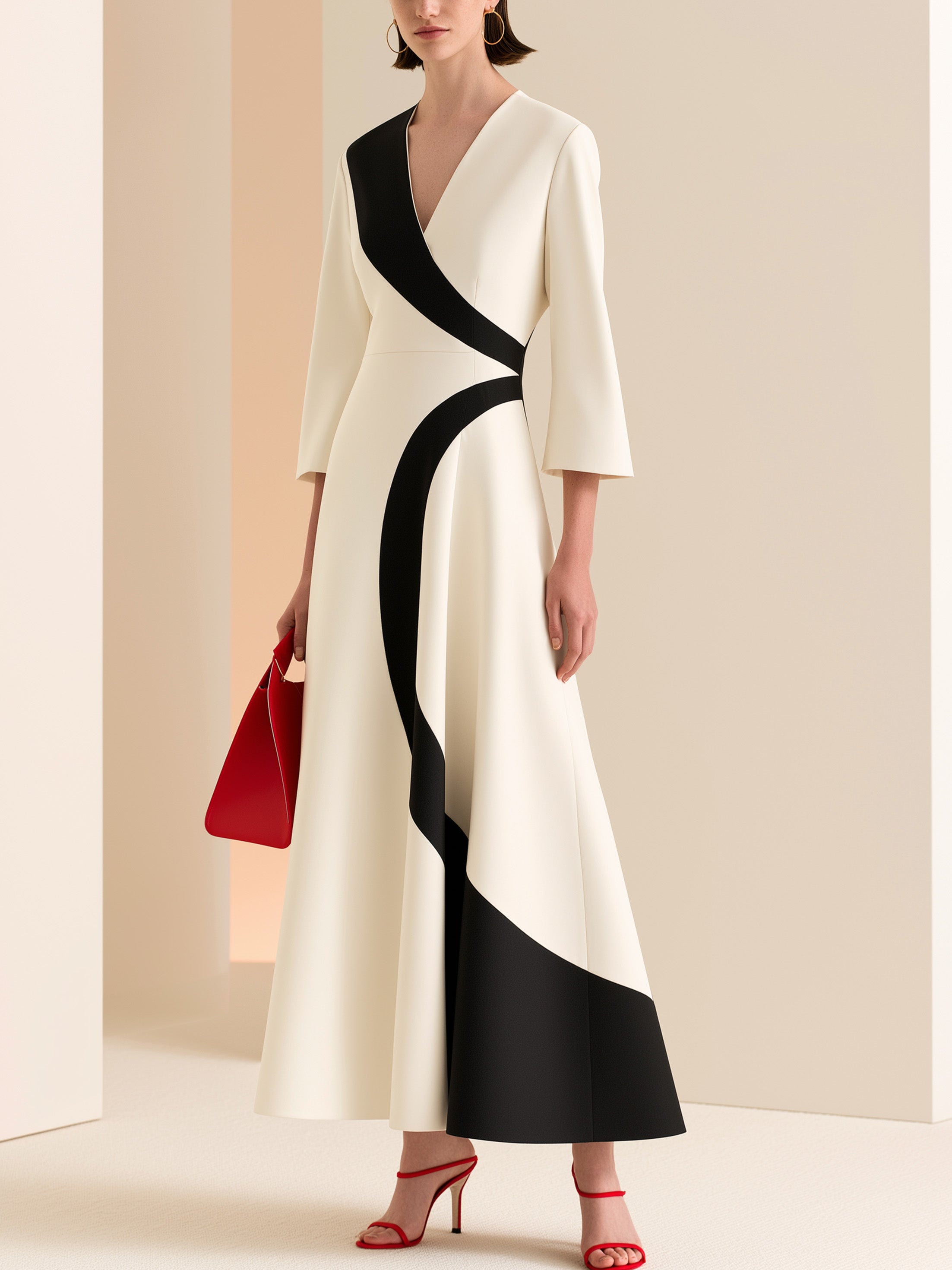 Cream Black Curved Colorblock V-Neck Flare Sleeve A-Line Midi Dress