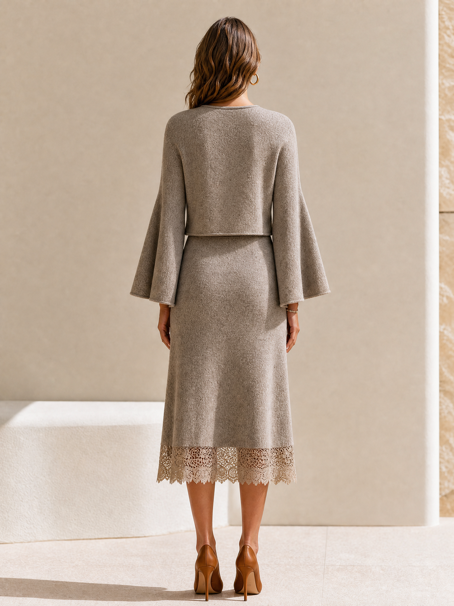 Khaki Wool And Lace Skirt Set