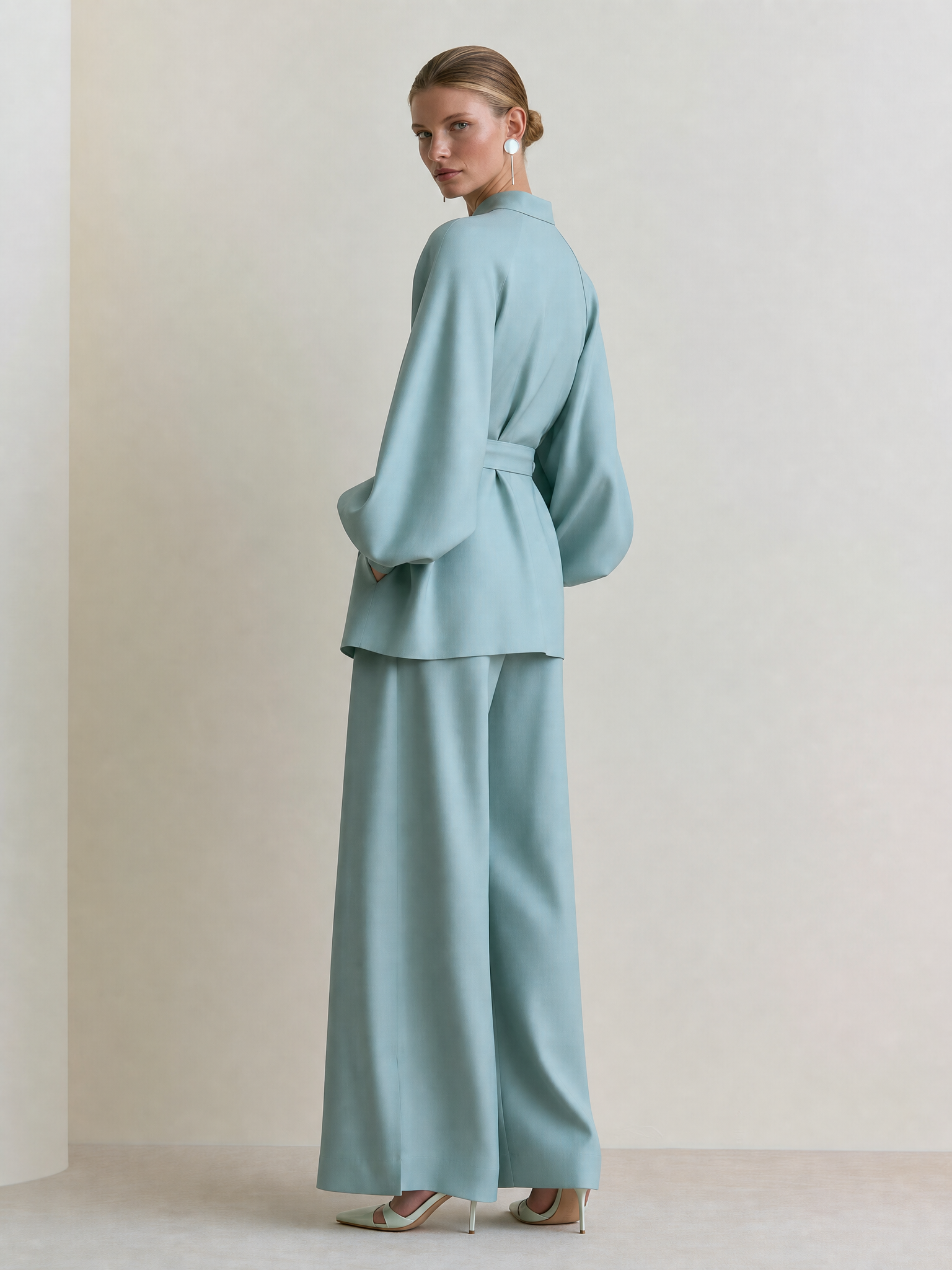 Mandarin Collar Lantern Sleeve Belted Top with Wide Leg Pants Set