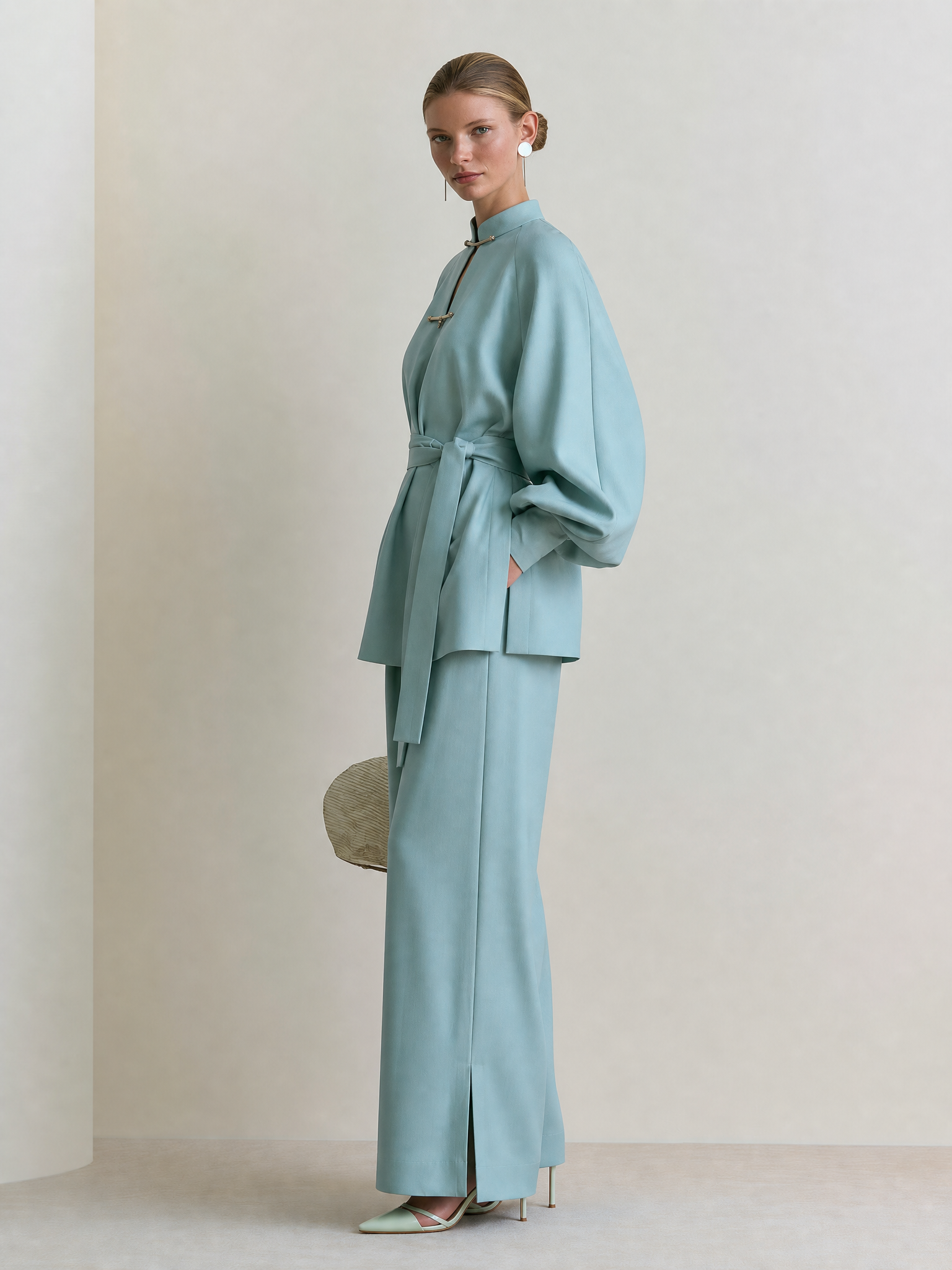 Mandarin Collar Lantern Sleeve Belted Top with Wide Leg Pants Set