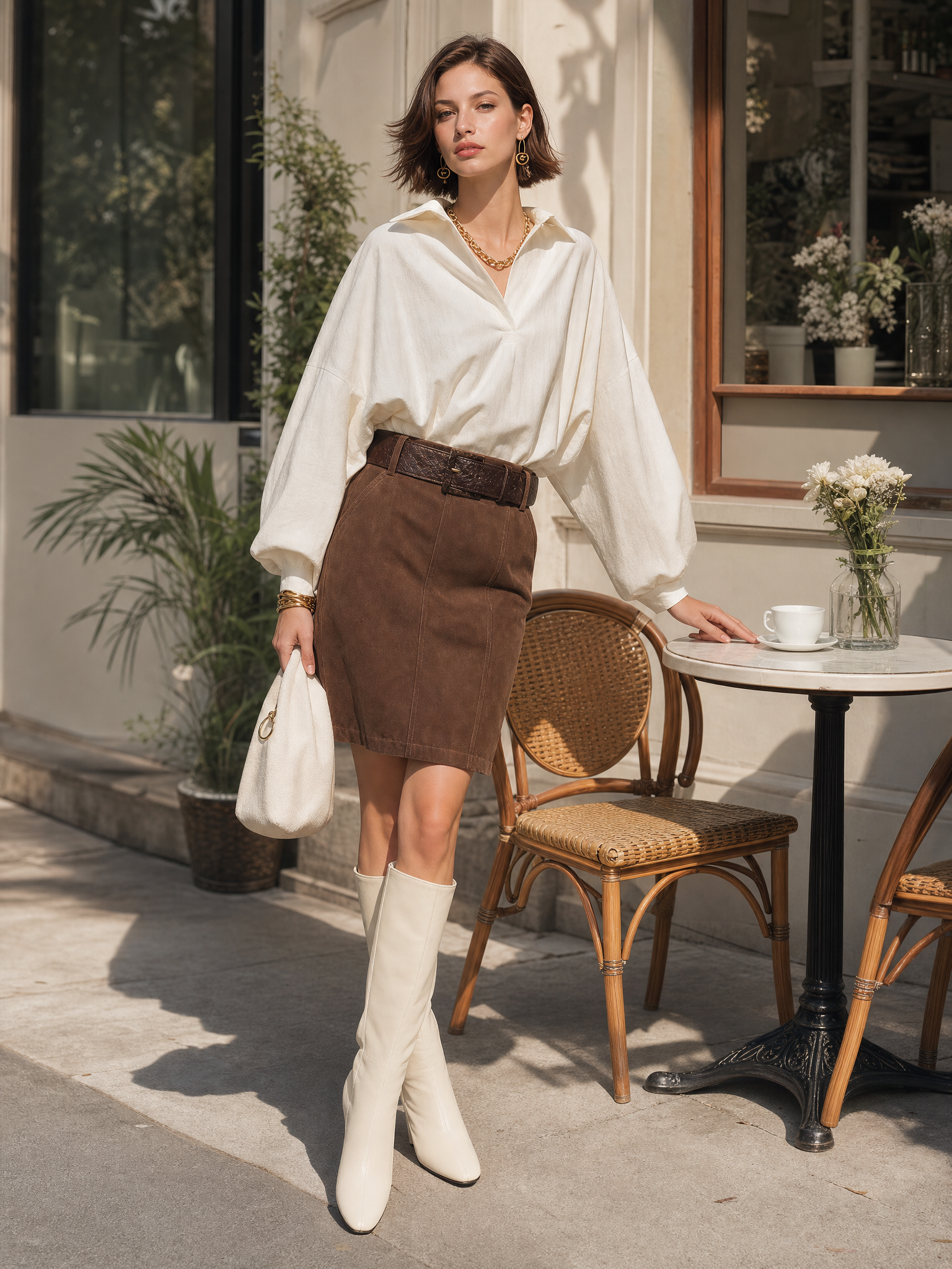 White Shirt And Brown Suede Skirt Set
