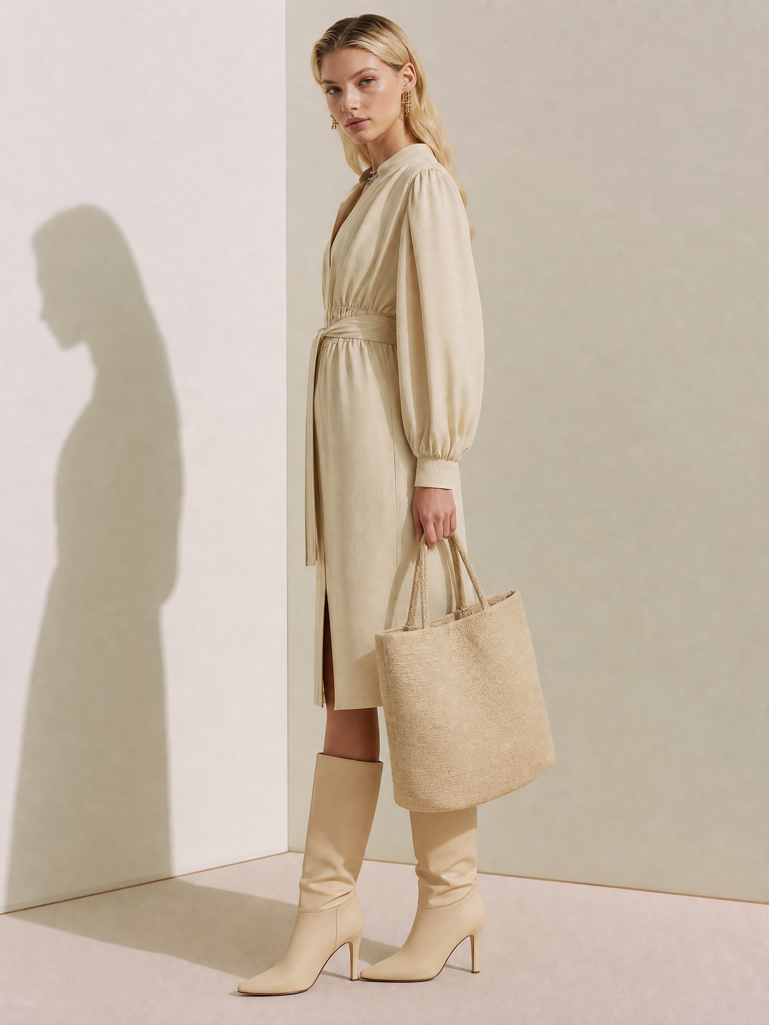 V-Neck Lantern Sleeve Belted Wrap Midi Dress