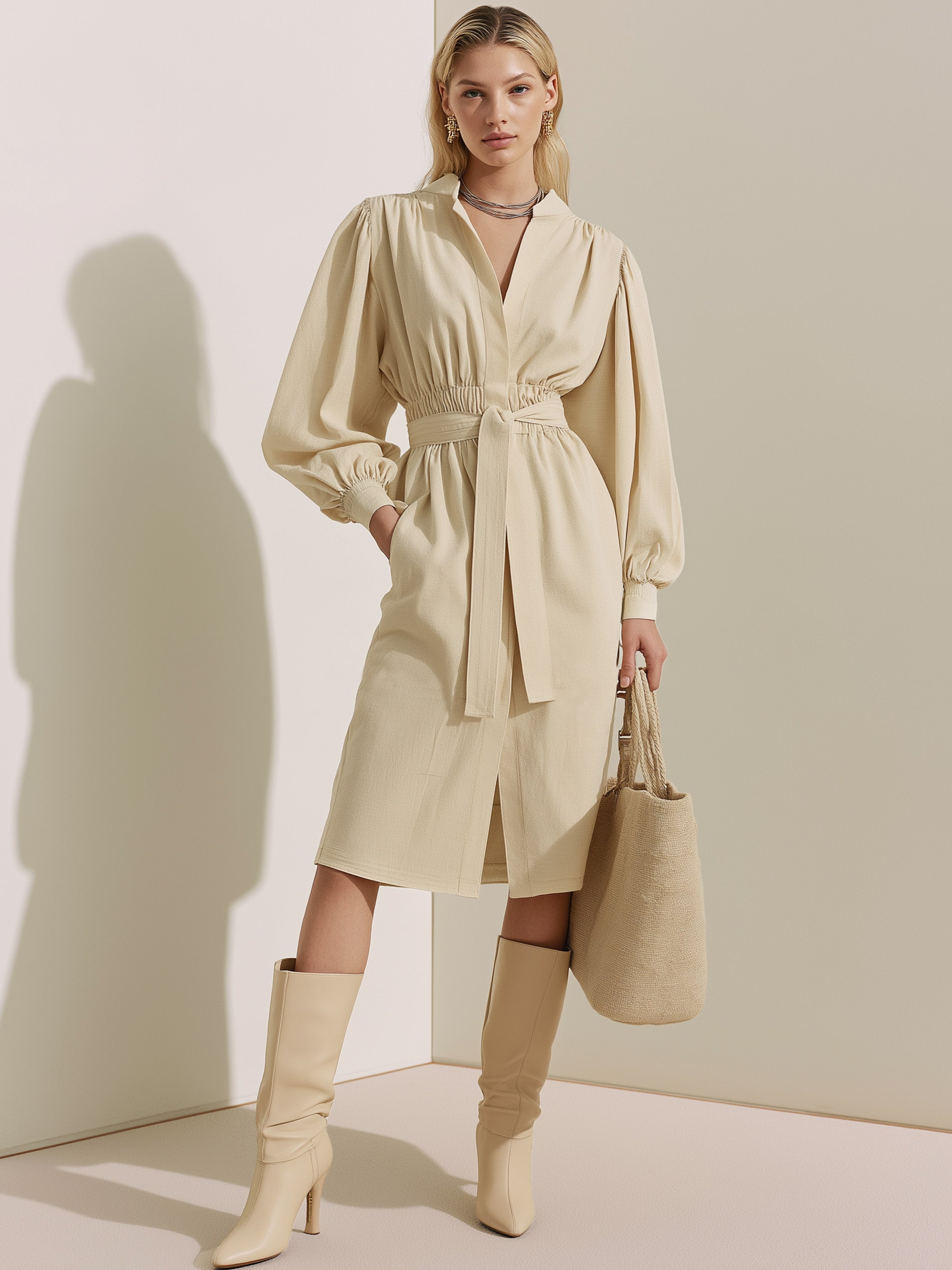 V-Neck Lantern Sleeve Belted Wrap Midi Dress