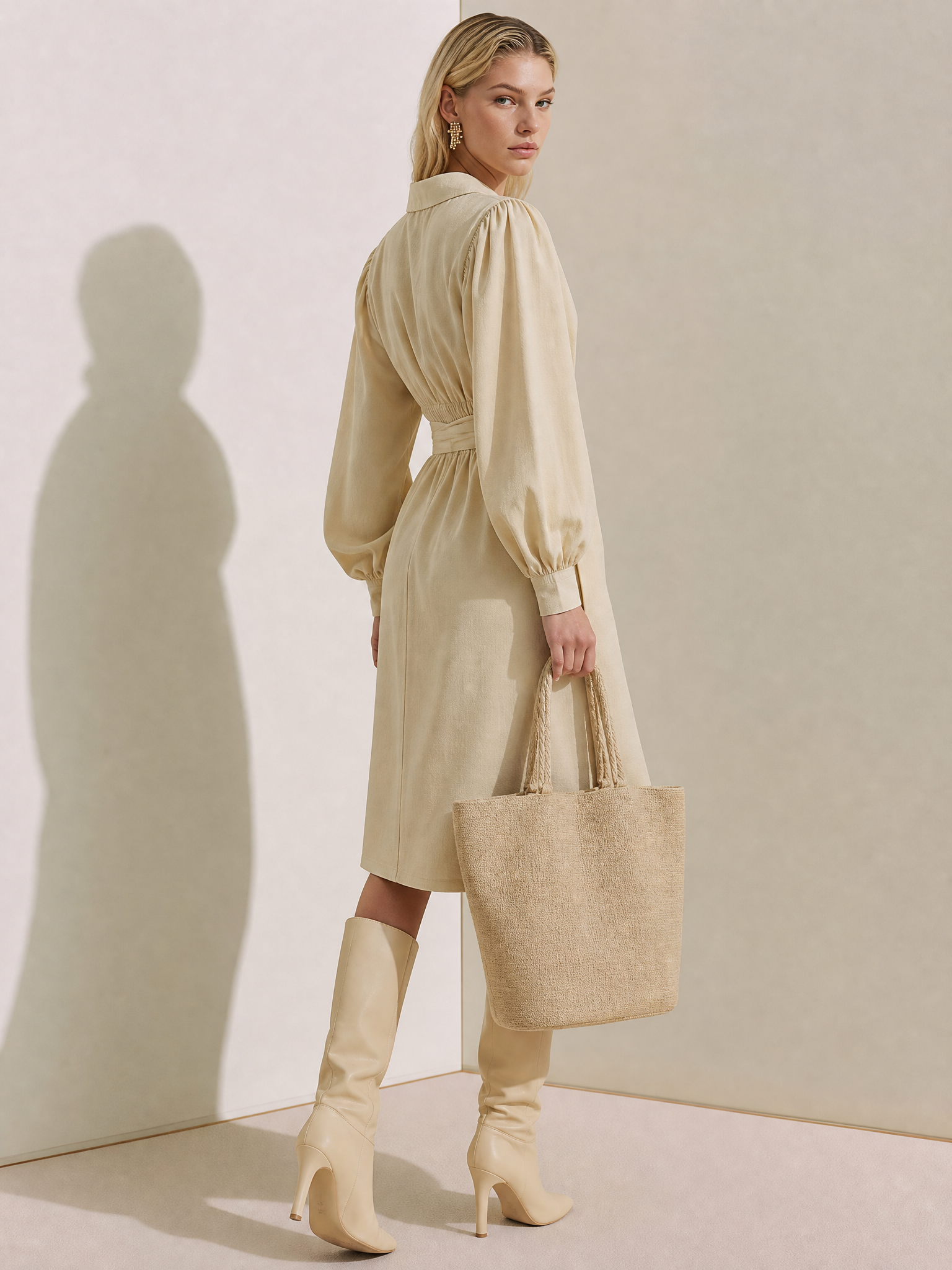 V-Neck Lantern Sleeve Belted Wrap Midi Dress