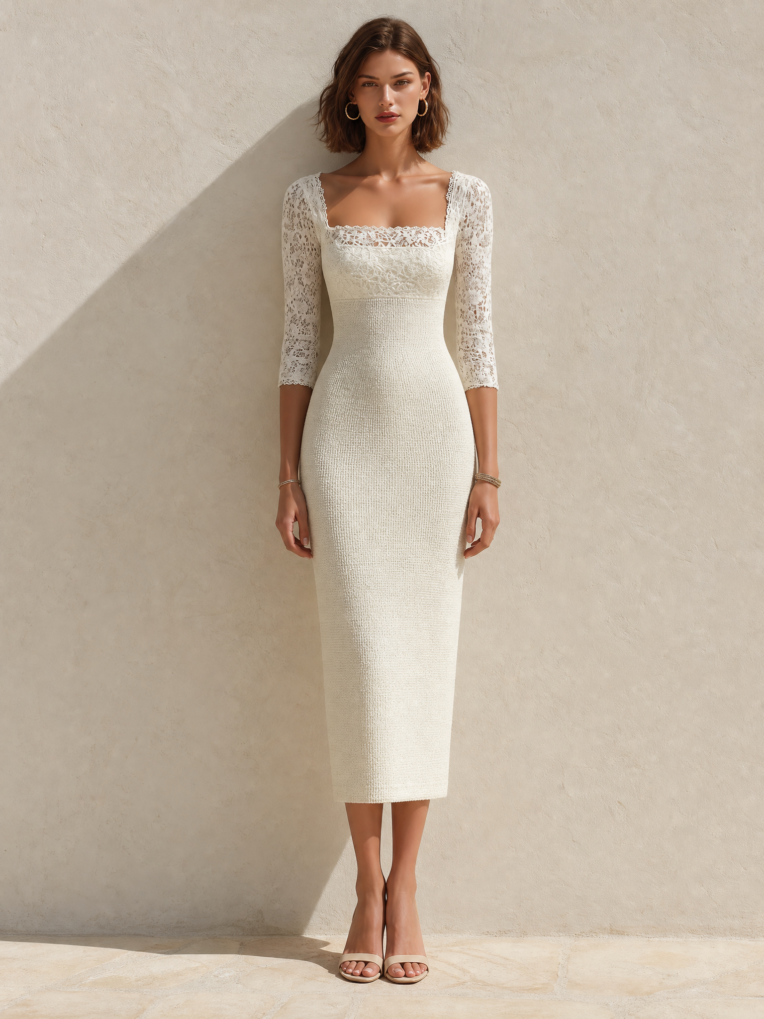 White Knitted Lace Dress With A Square Neckline
