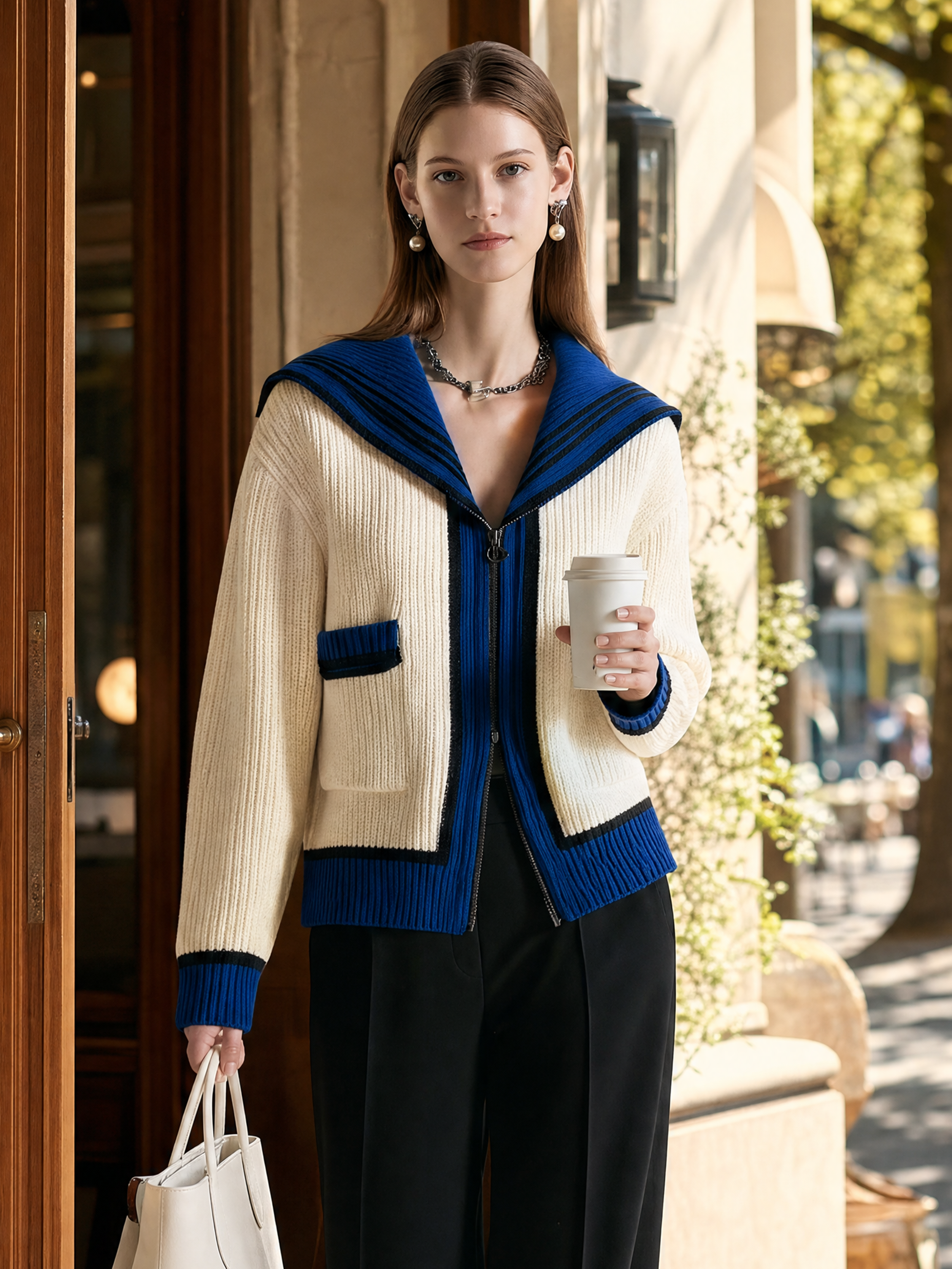 Elegant Ivory And Royal Blue Contrast Knit Cardigan