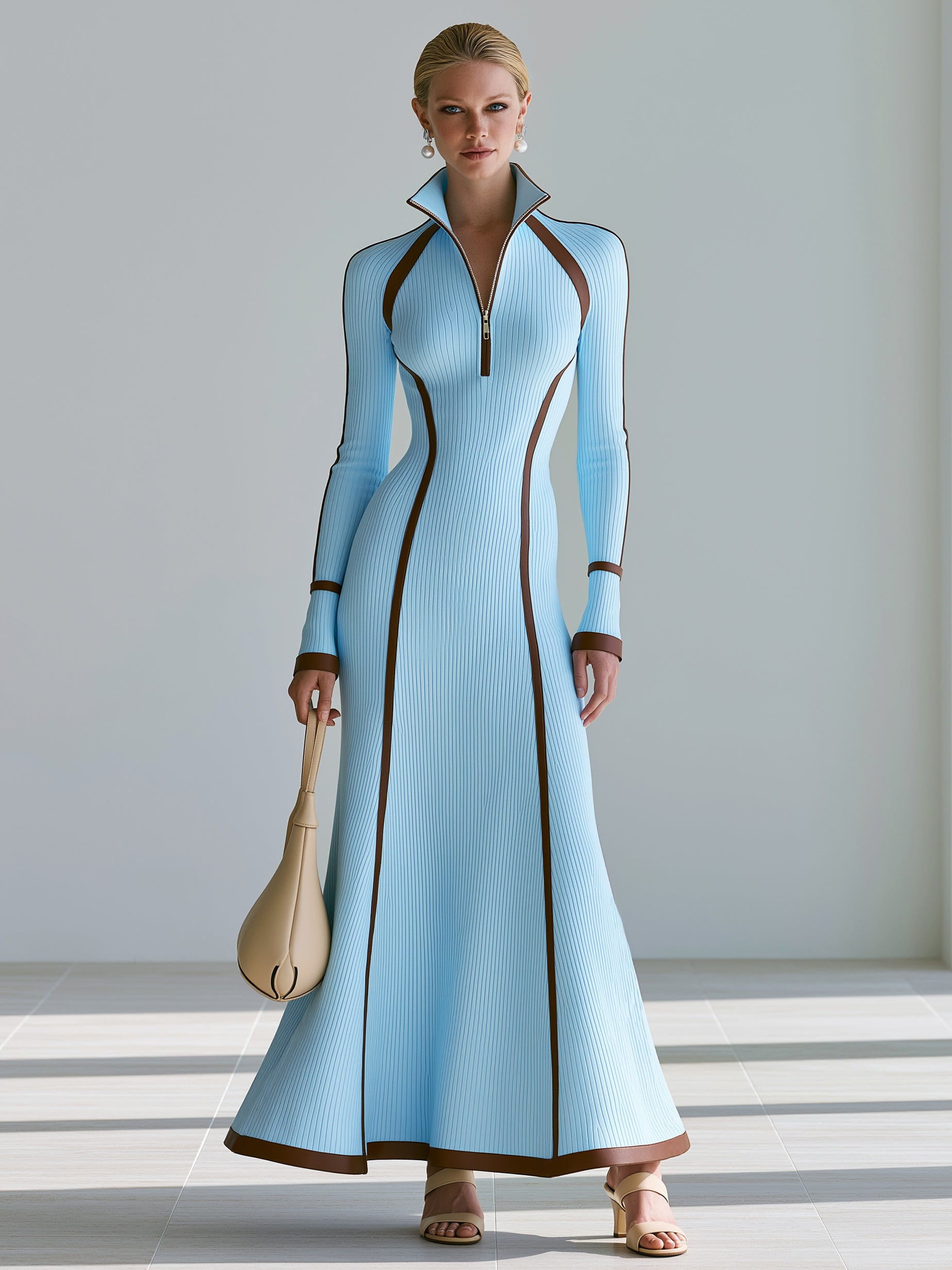 Elegant Knit Contrast Trim Zip-Up Maxi Dress