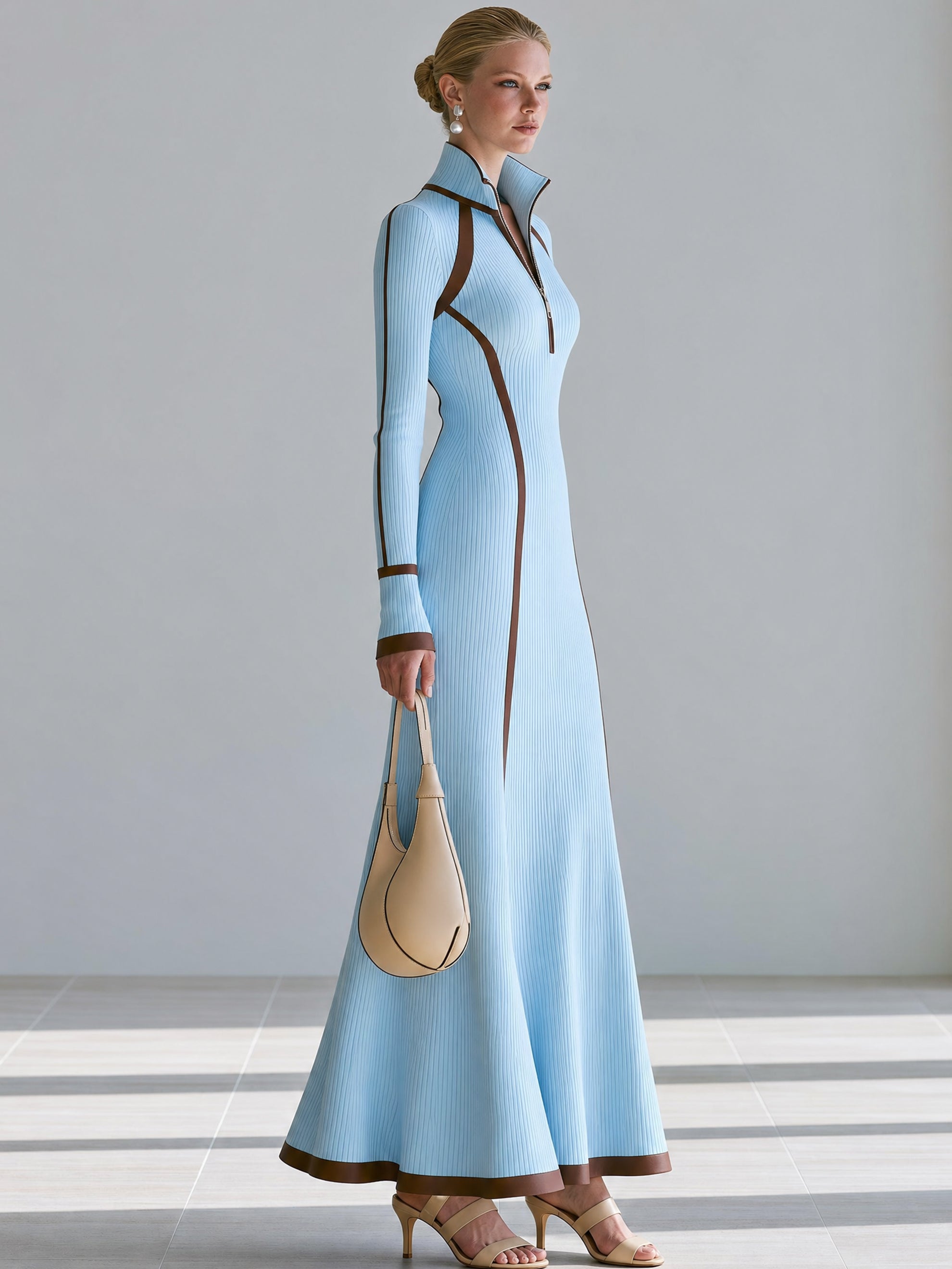 Elegant Knit Contrast Trim Zip-Up Maxi Dress