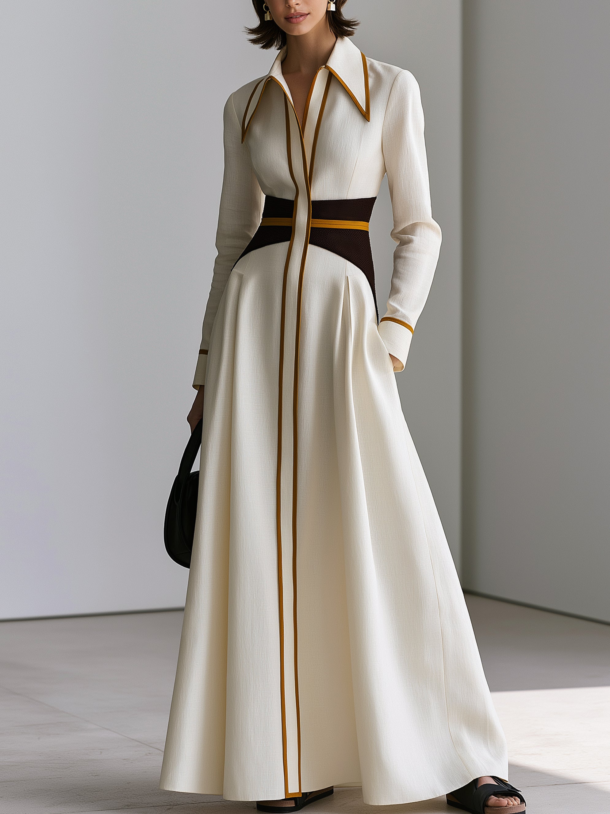 Linen Long Sleeve Contrast Piping Collared Maxi Dress