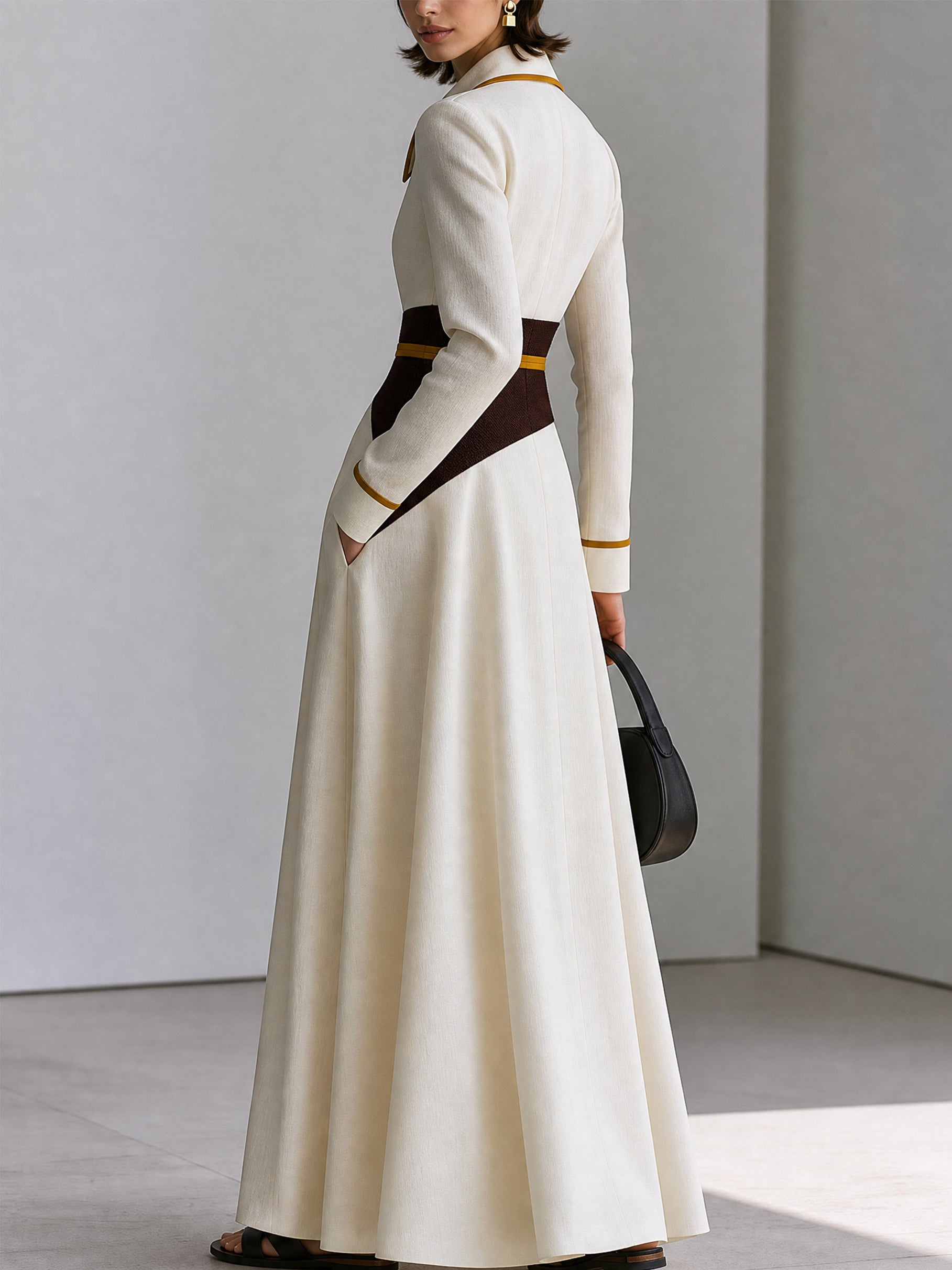 Linen Long Sleeve Contrast Piping Collared Maxi Dress