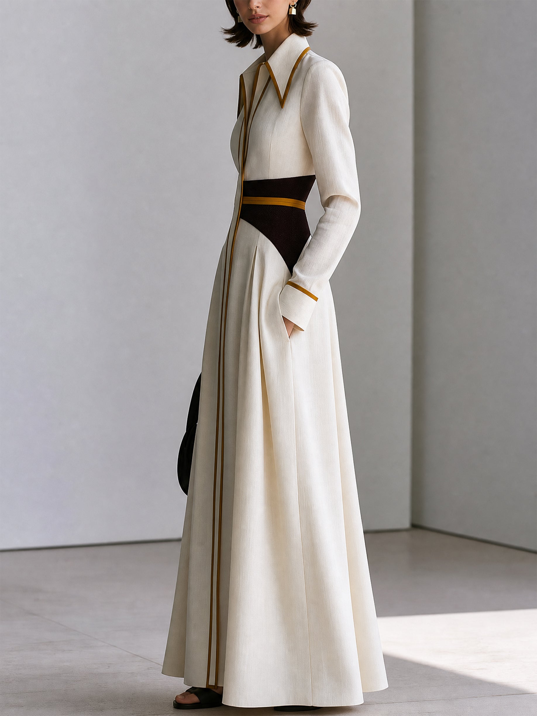 Linen Long Sleeve Contrast Piping Collared Maxi Dress