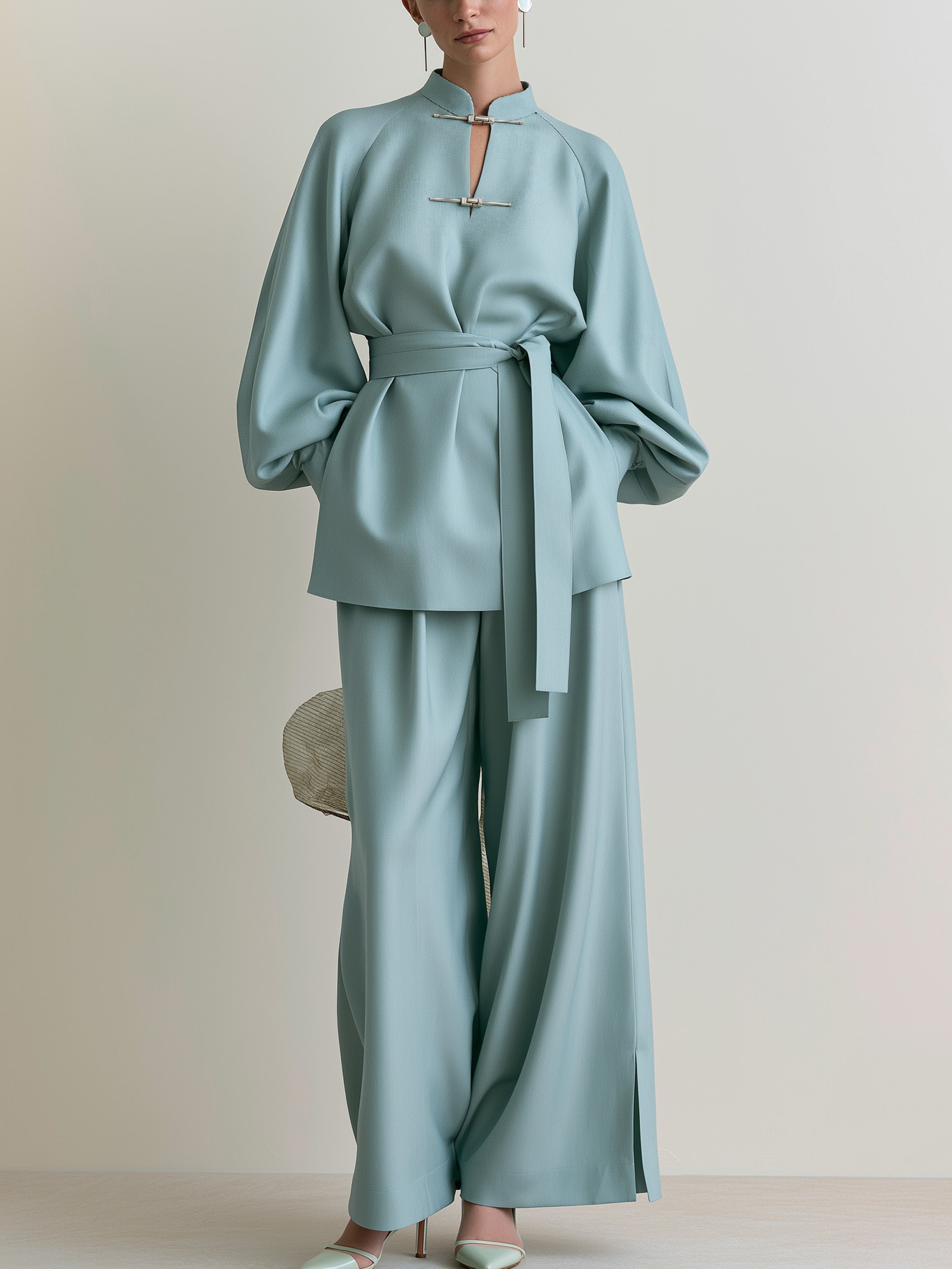 Mandarin Collar Lantern Sleeve Belted Top with Wide Leg Pants Set