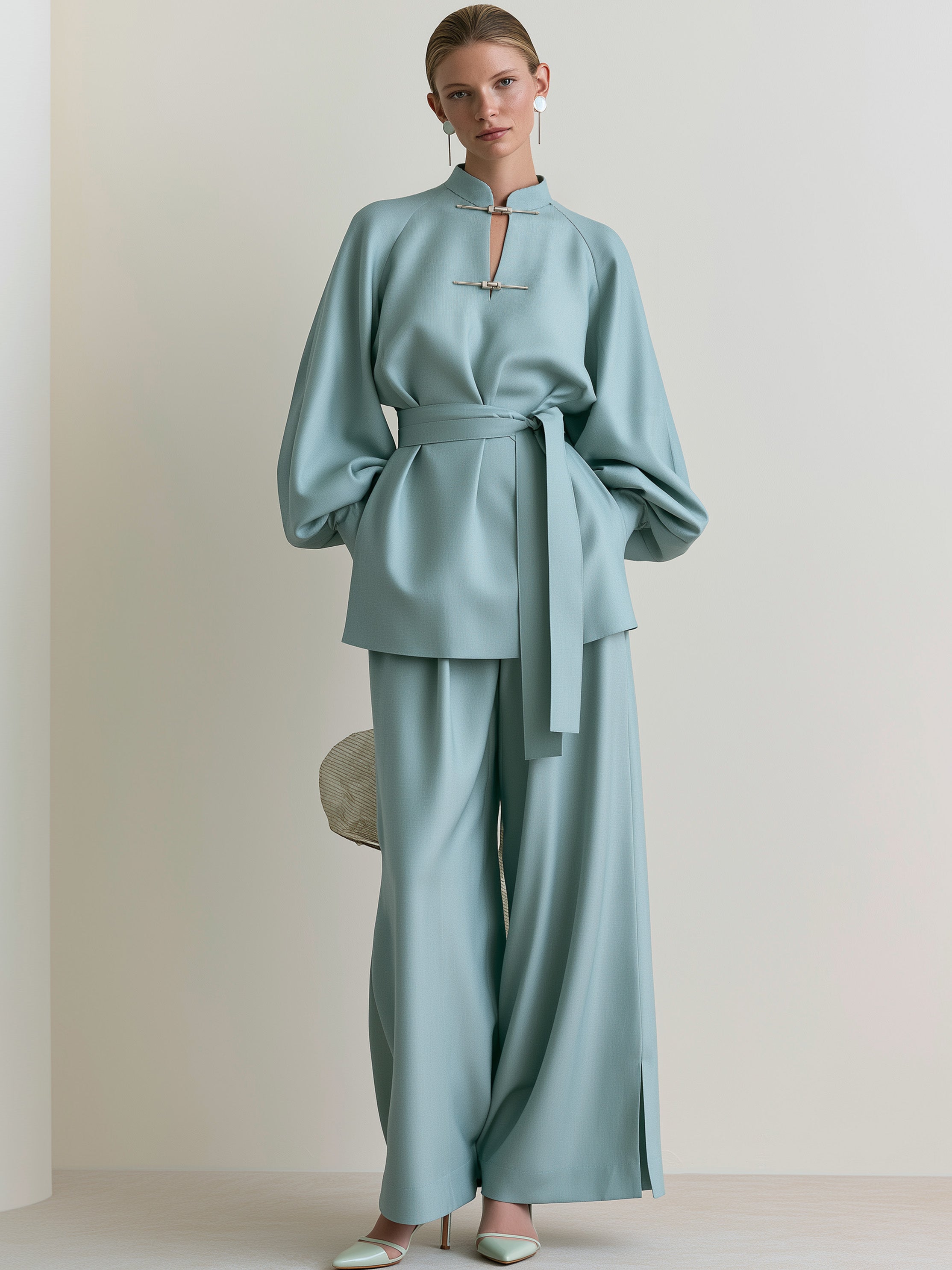 Mandarin Collar Lantern Sleeve Belted Top with Wide Leg Pants Set