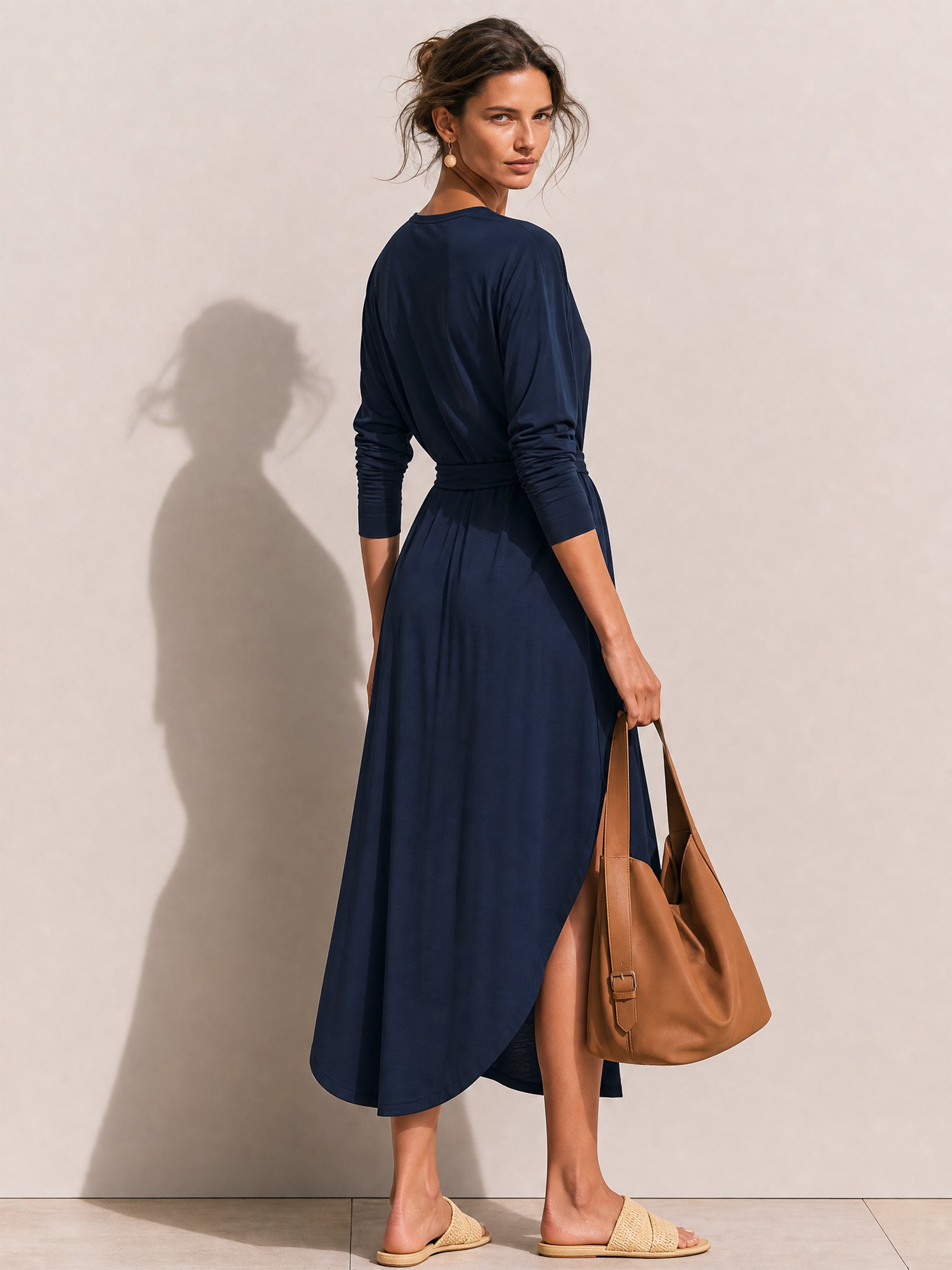 V-Neck Long Sleeve Wrap Relaxed Midi Dress