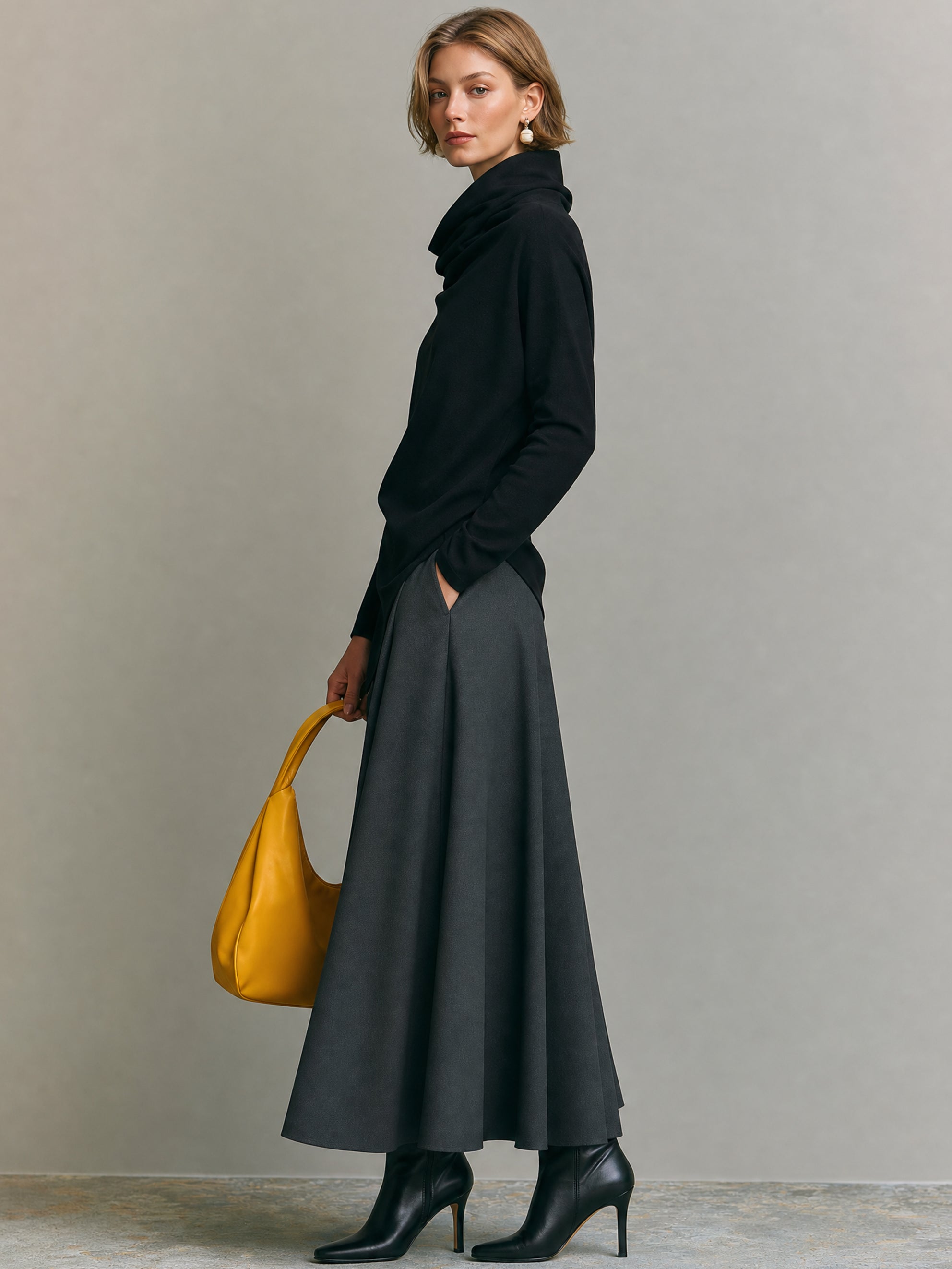 Elegant Matching Set : Funnel Neck Asymmetric Top & A-Line Maxi Skirt