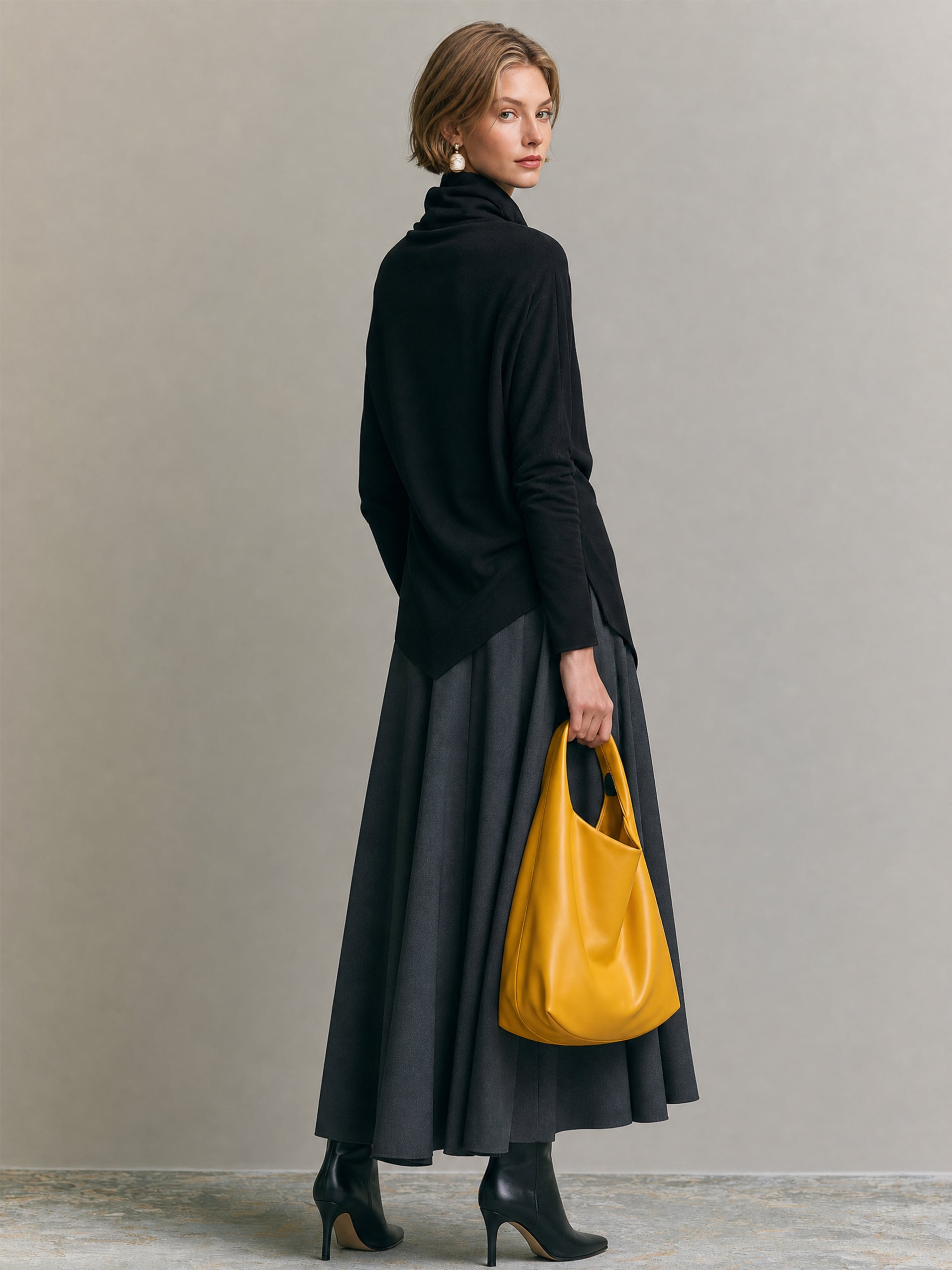 Elegant Matching Set : Funnel Neck Asymmetric Top & A-Line Maxi Skirt