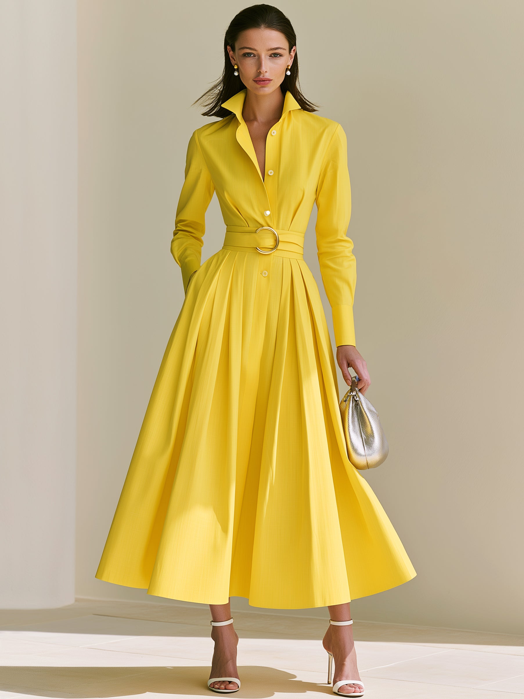 Sunflower Yellow Long Sleeve Belted Shirt Midi Dress