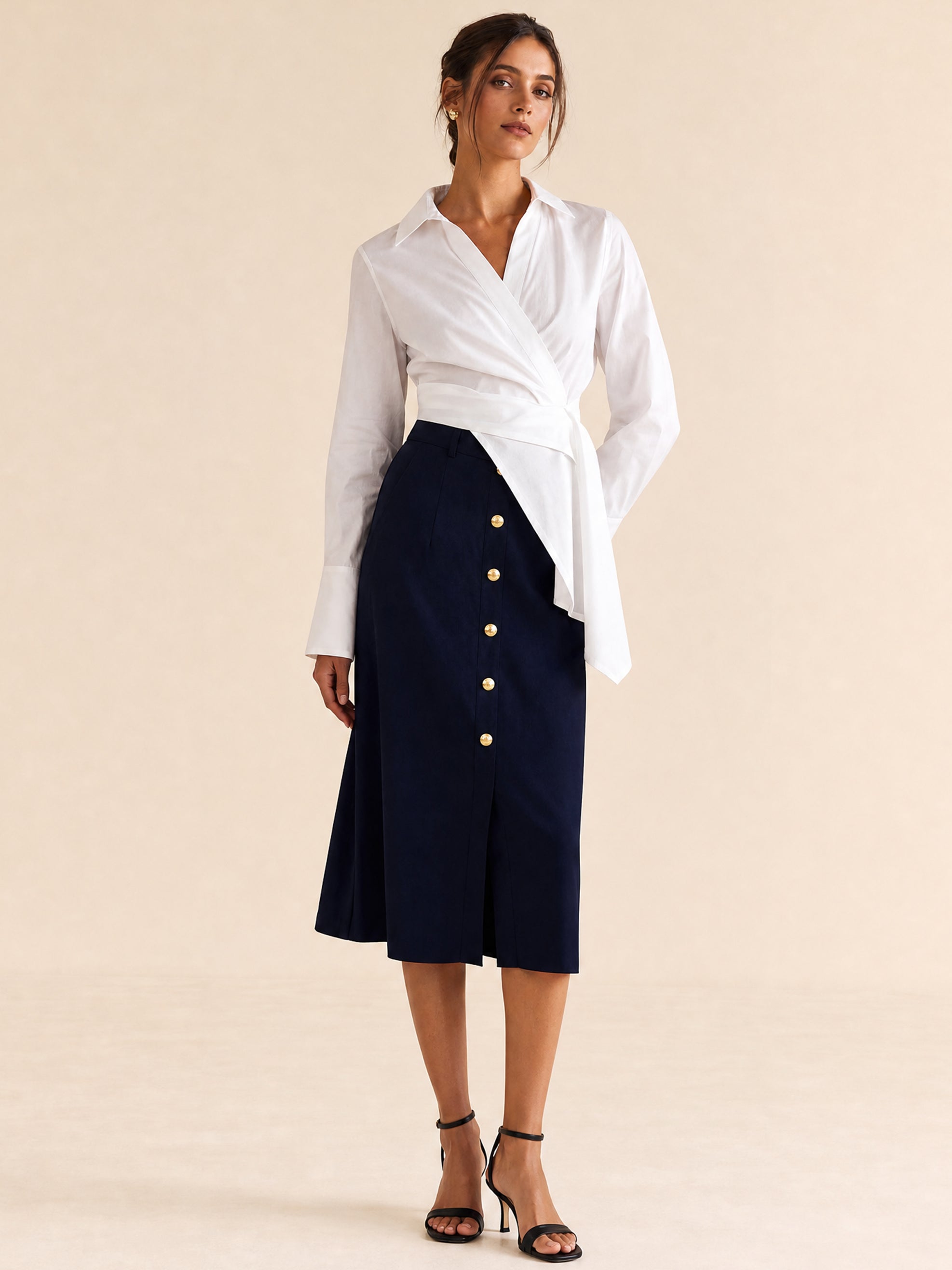 Commute Wrap-Front Cotton Shirt With Tie Waist &Button Midi Skirt