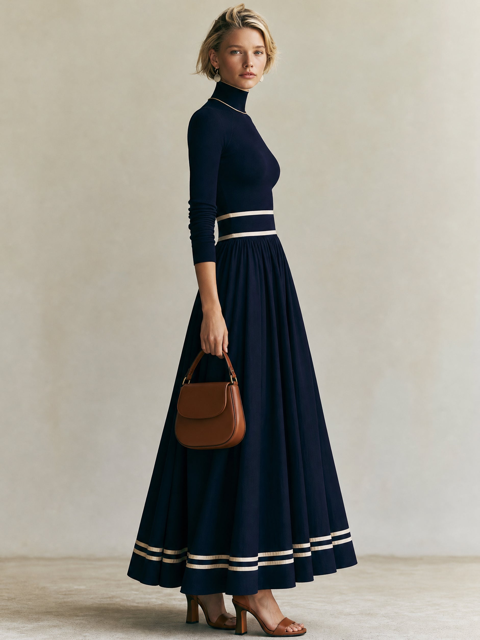 Turtleneck Long Sleeve Contrast Stripe A-Line Maxi Knit Dress