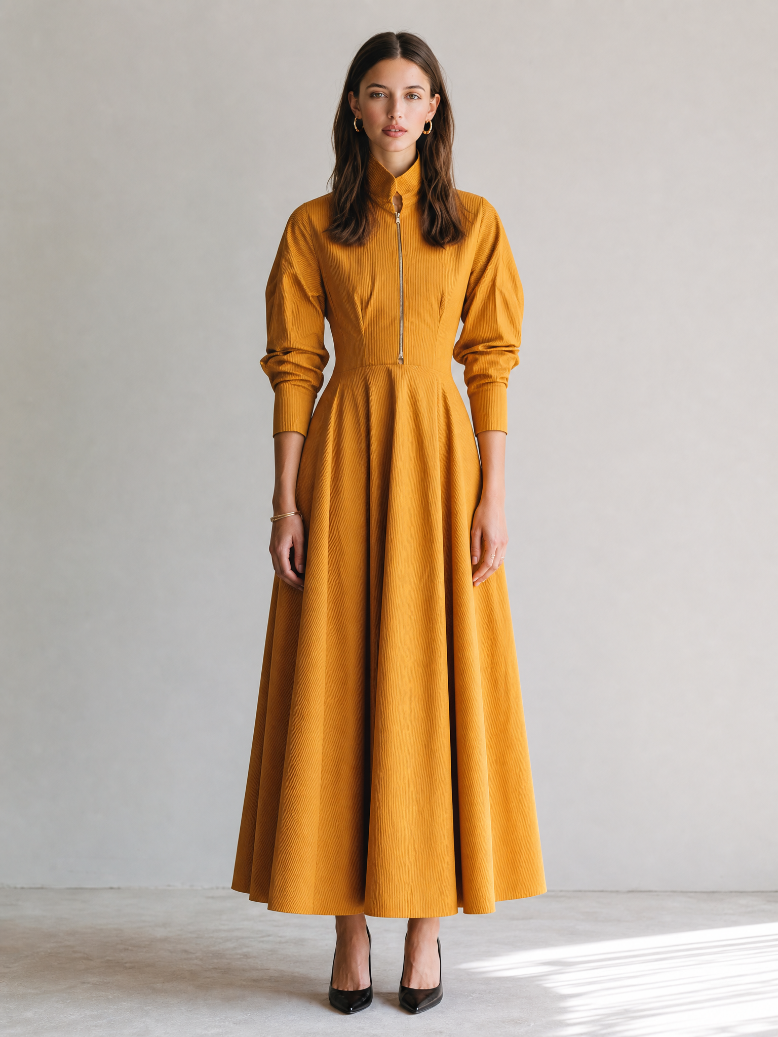 Mustard Yellow Stand-collar Zip-front Dress