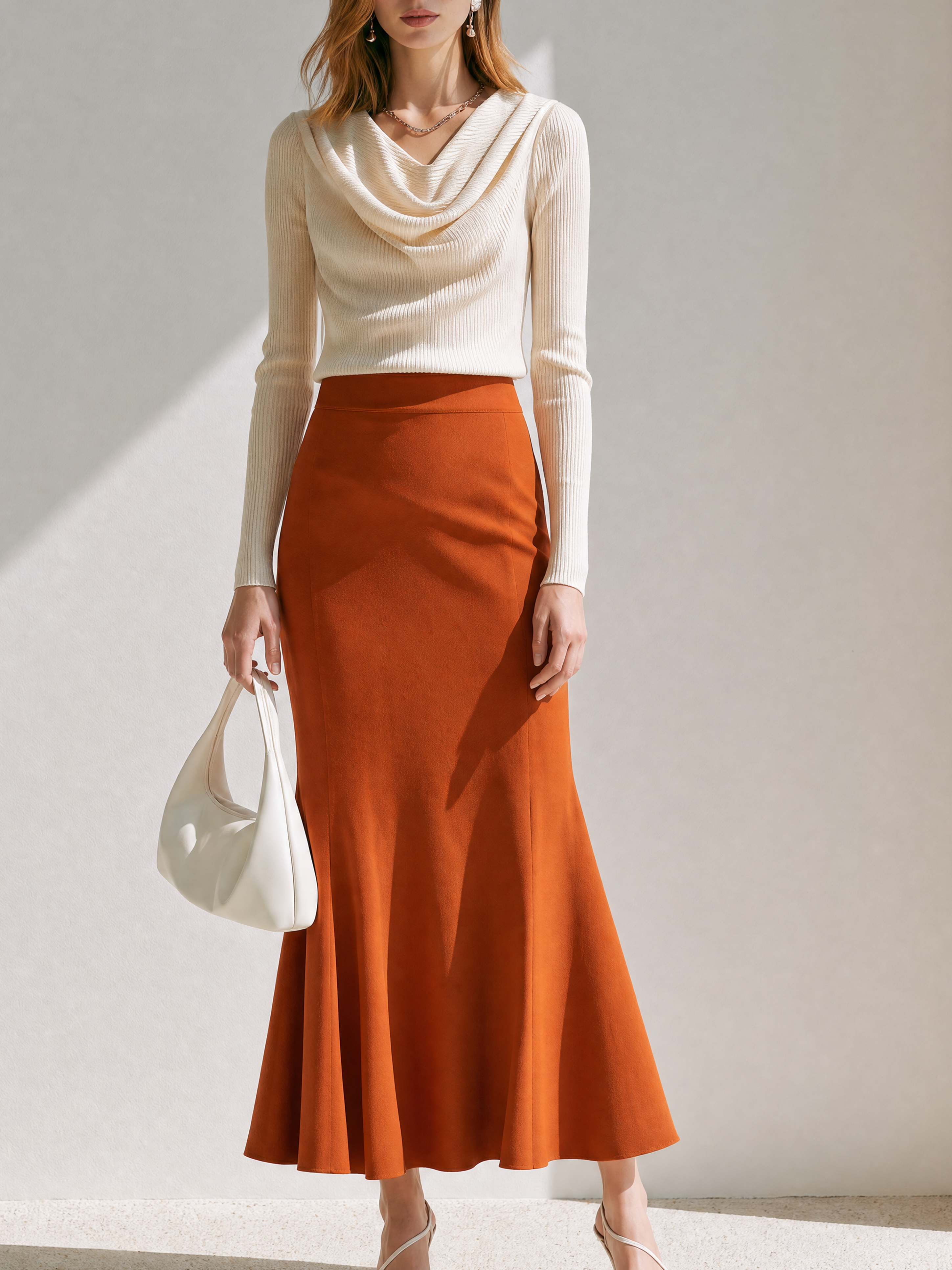 Elegant Ribbed Knit Top And Caramel Orange Midi Skirt Set