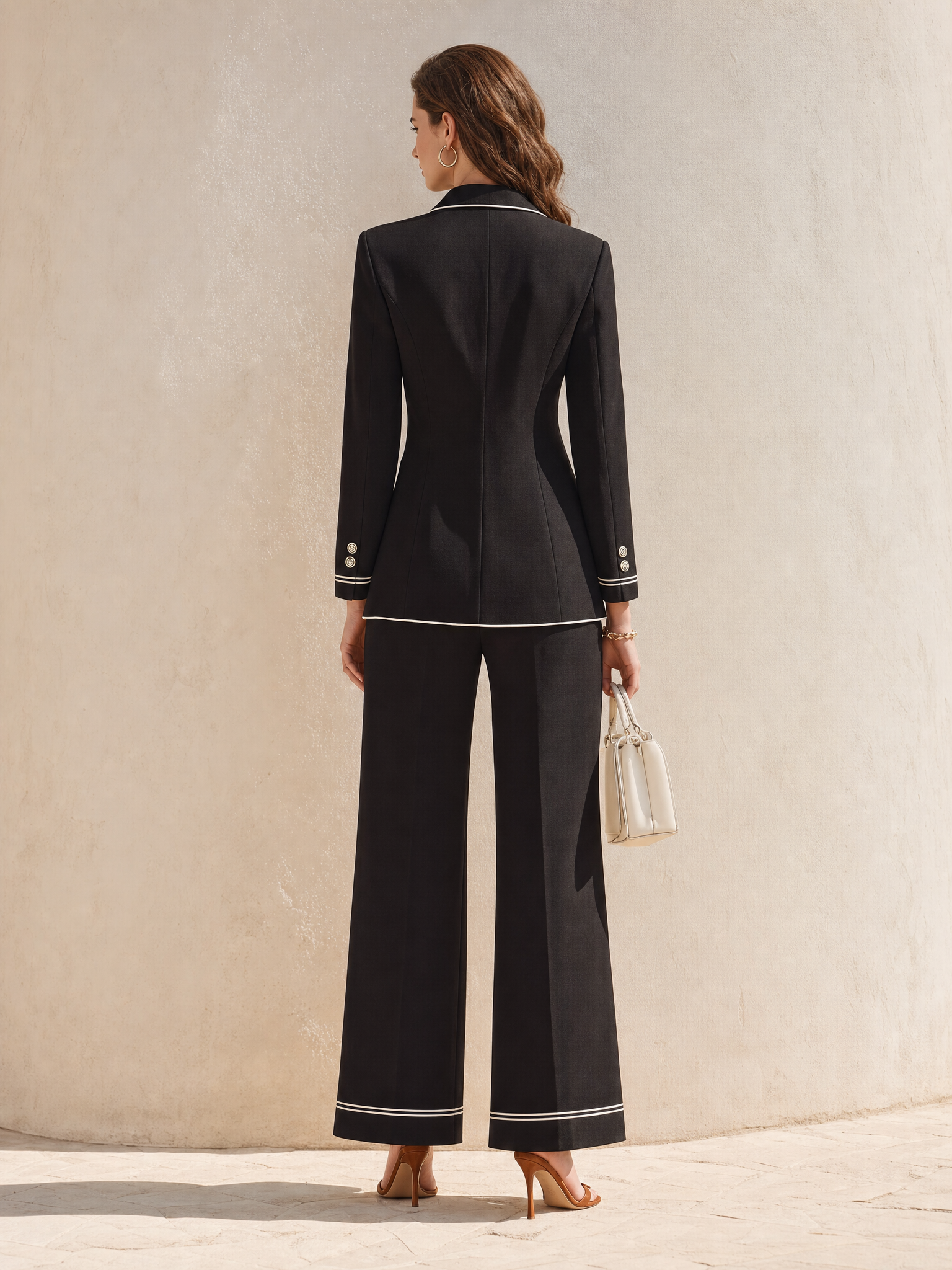 Black-and-white Color-block Suit Set With Elegant Lines