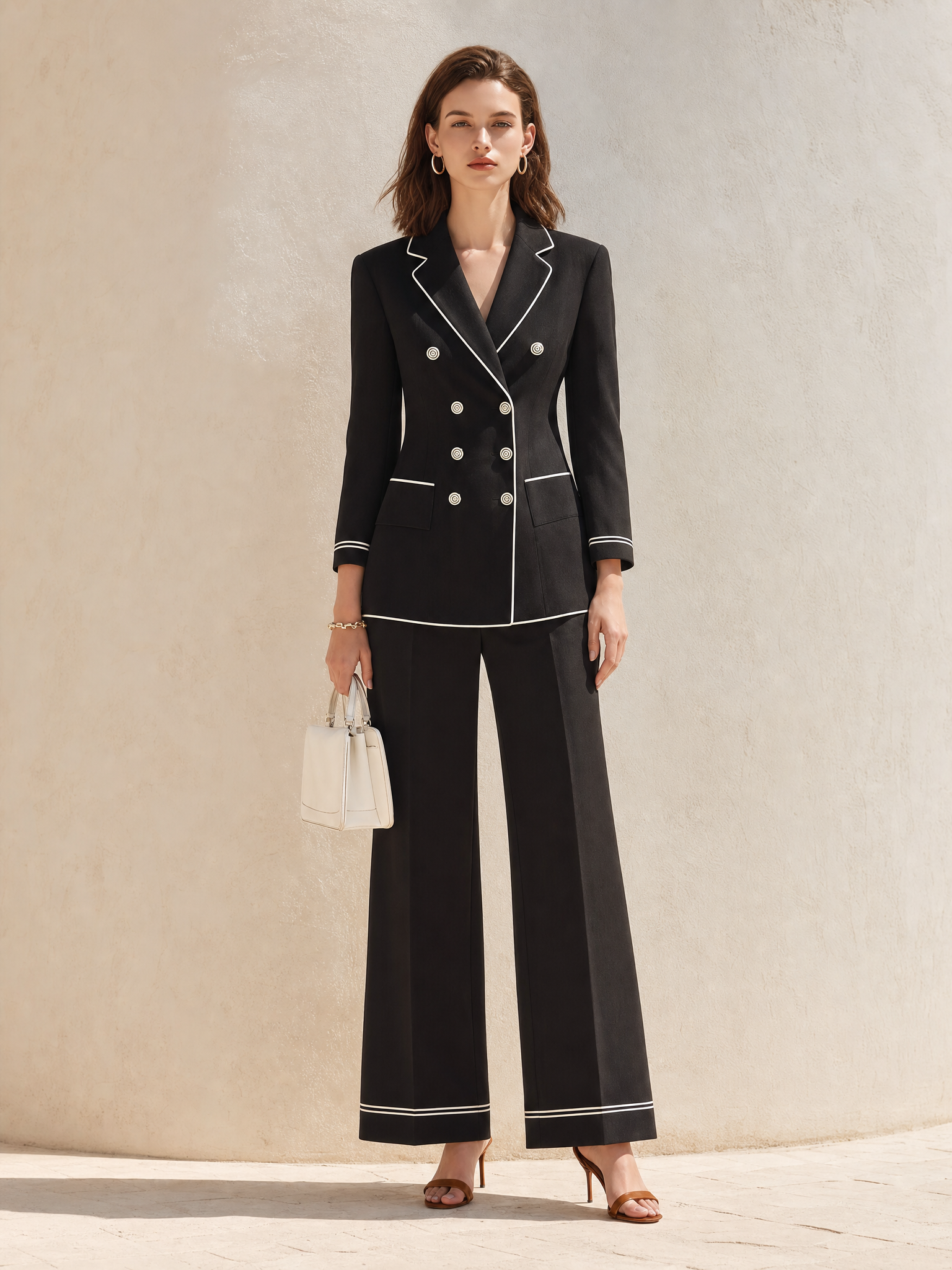 Black-and-white Color-block Suit Set With Elegant Lines