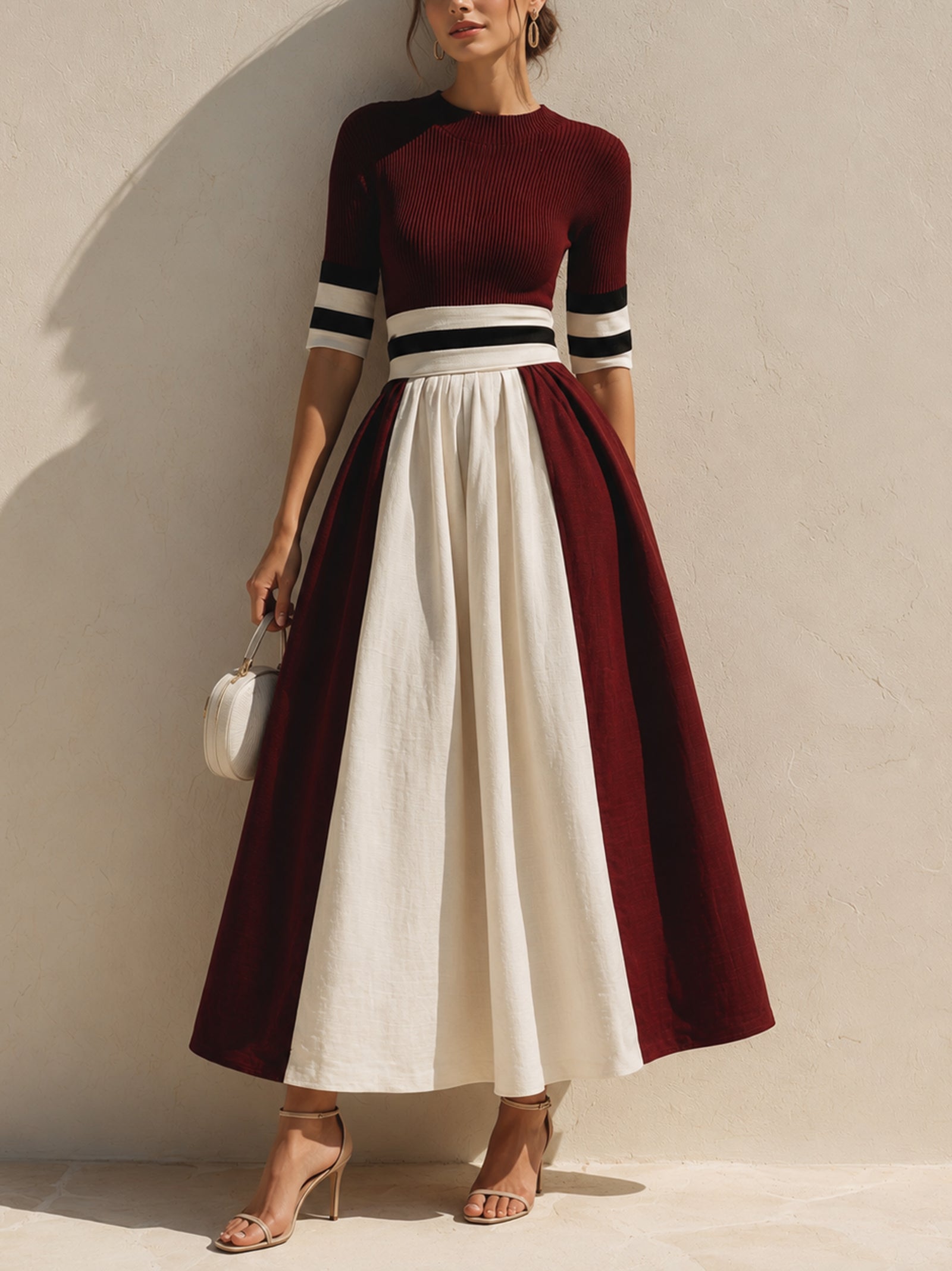 Red And White Striped Three-quarter Sleeve Dress