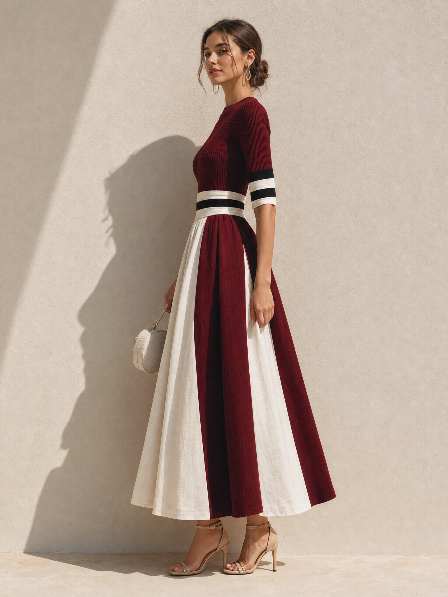 Red And White Striped Three-quarter Sleeve Dress