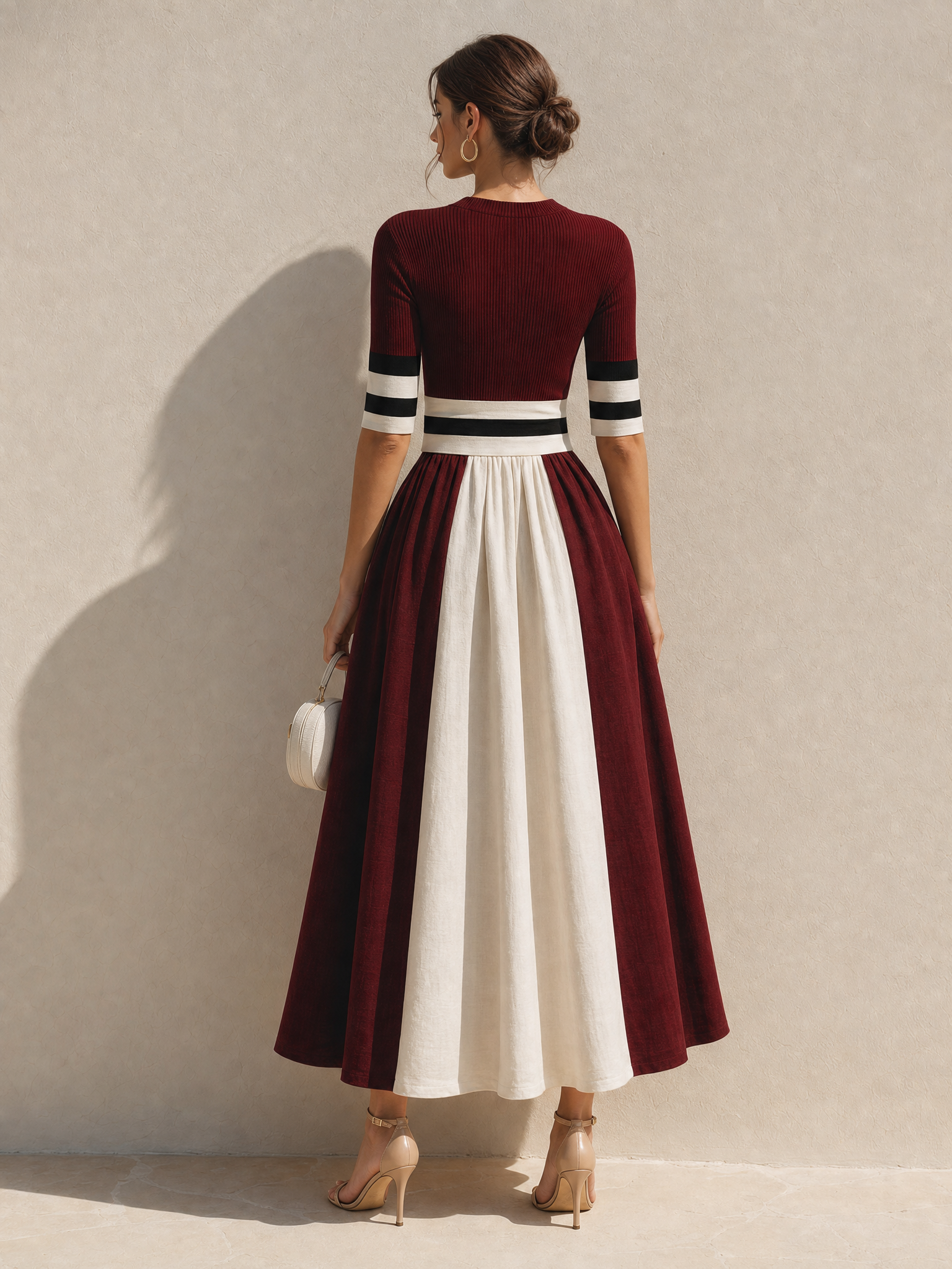 Red And White Striped Three-quarter Sleeve Dress