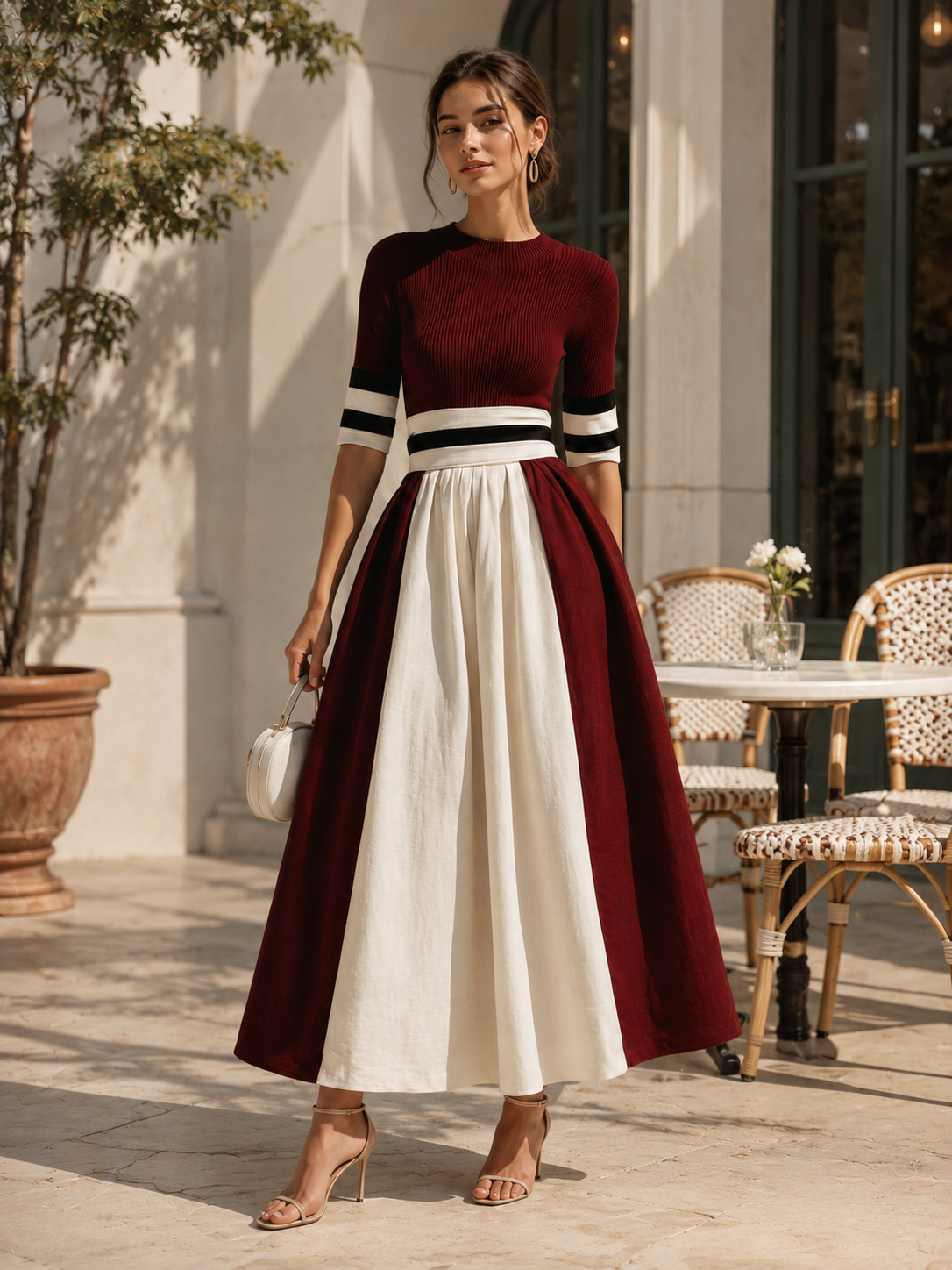 Red And White Striped Three-quarter Sleeve Dress