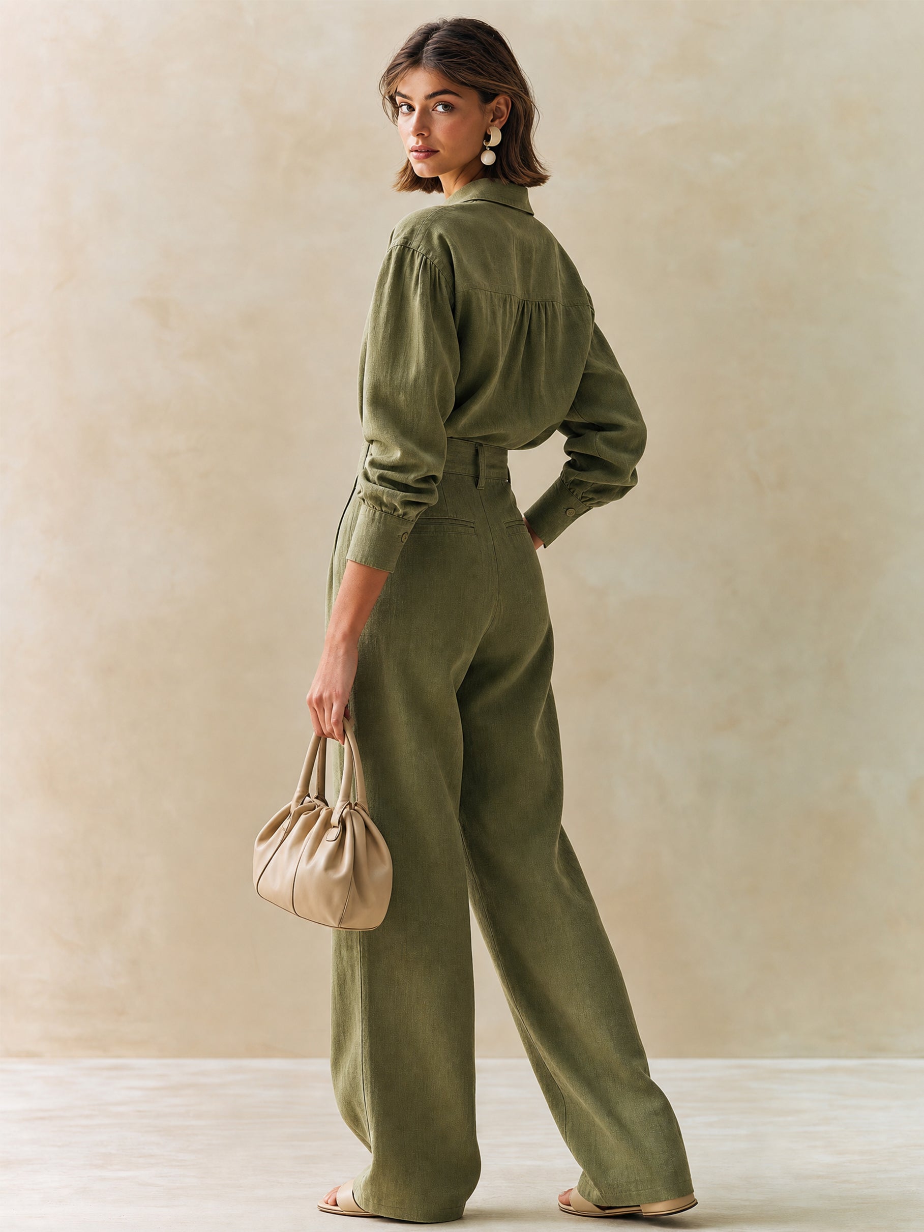 Elegant Sage Green Set:Long Sleeve Shirt & High Waist Wide Leg Trouser