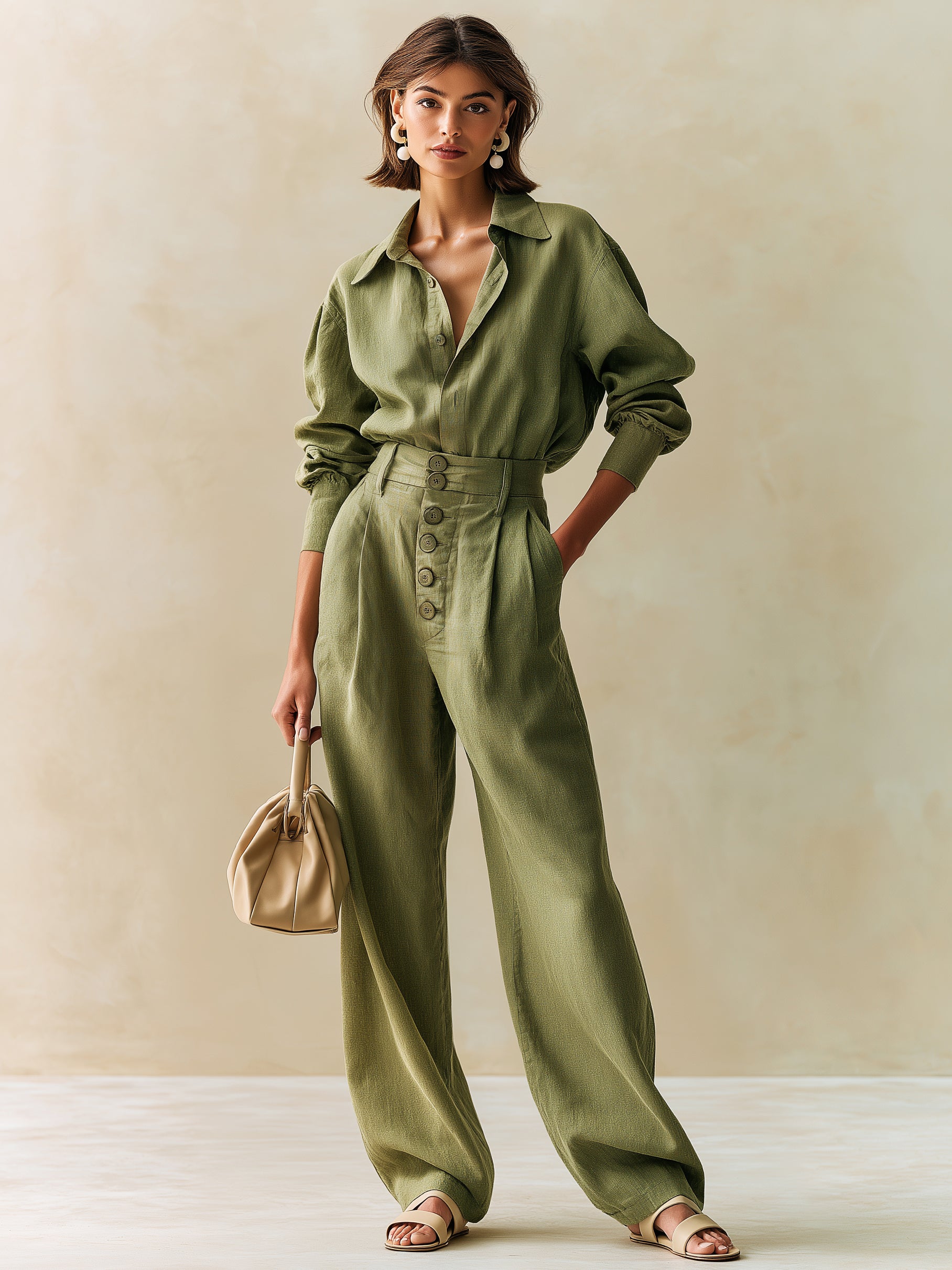 Elegant Sage Green Set:Long Sleeve Shirt & High Waist Wide Leg Trouser