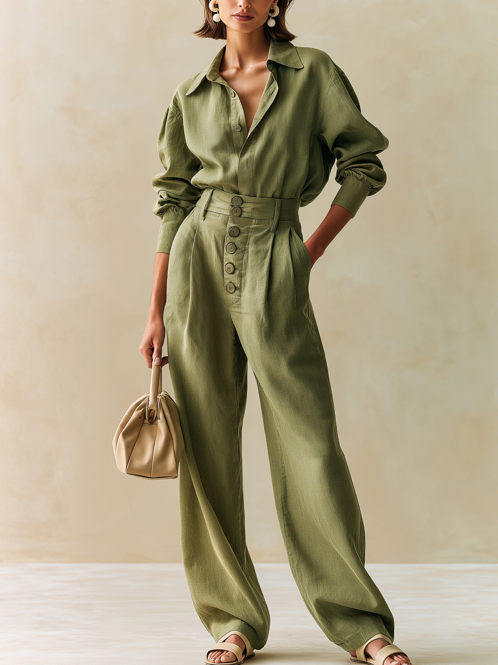 Elegant Sage Green Set:Long Sleeve Shirt & High Waist Wide Leg Trouser