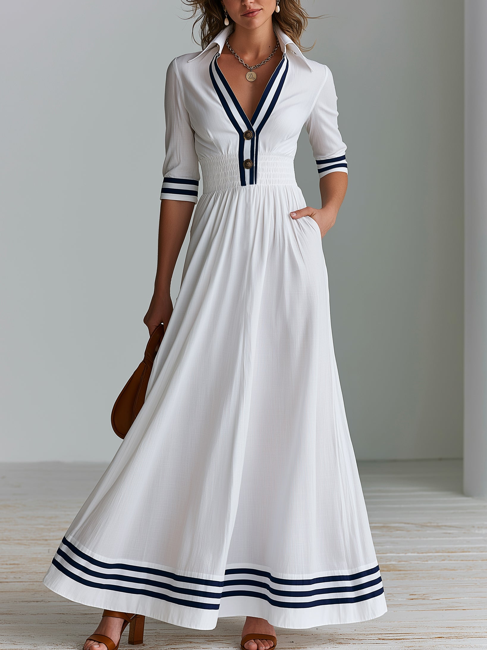 Elegant Cotton Mid-Length Sleeve Navy Striped Trims Flowing Maxi Dress