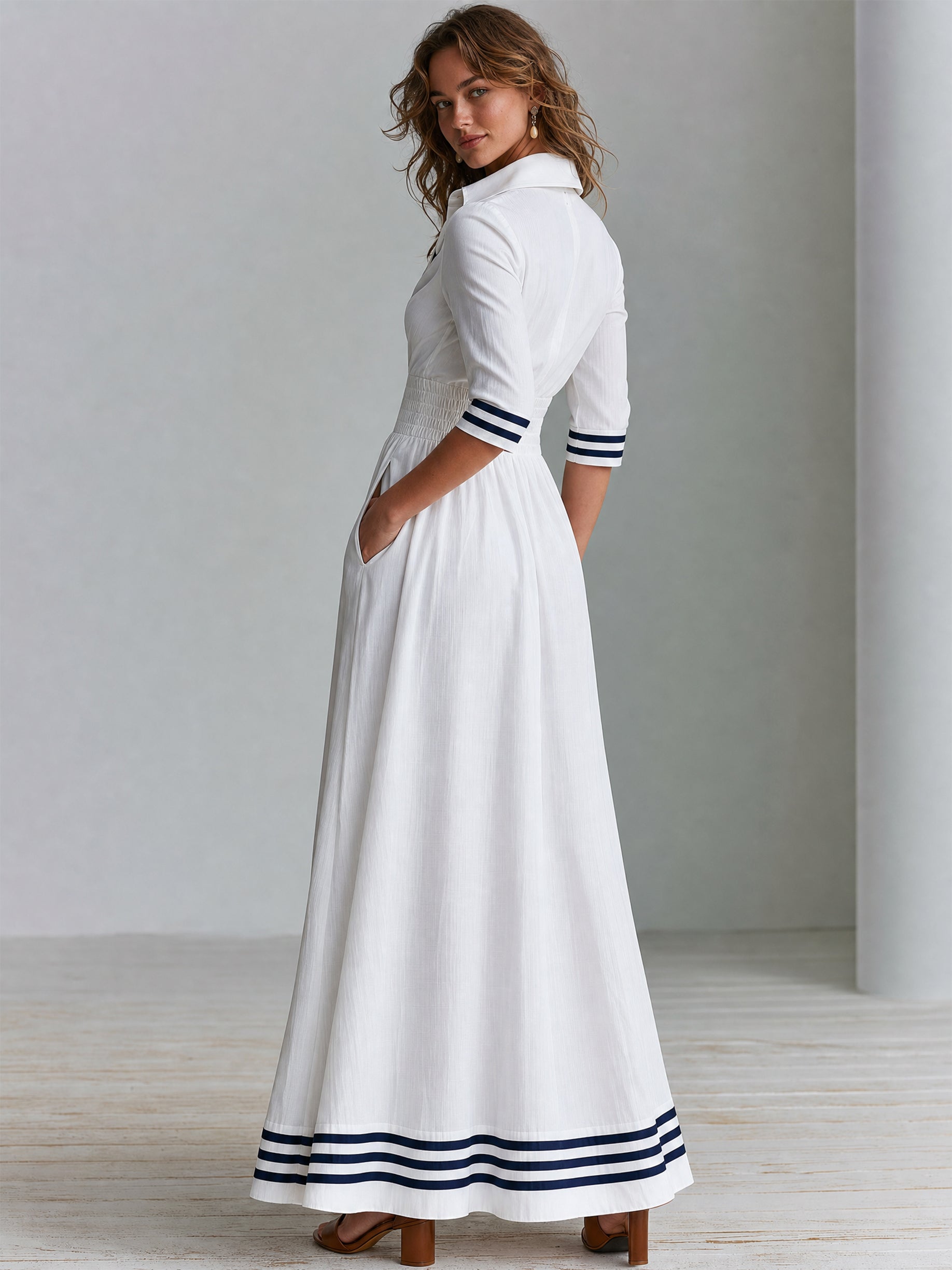 Elegant Cotton Mid-Length Sleeve Navy Striped Trims Flowing Maxi Dress