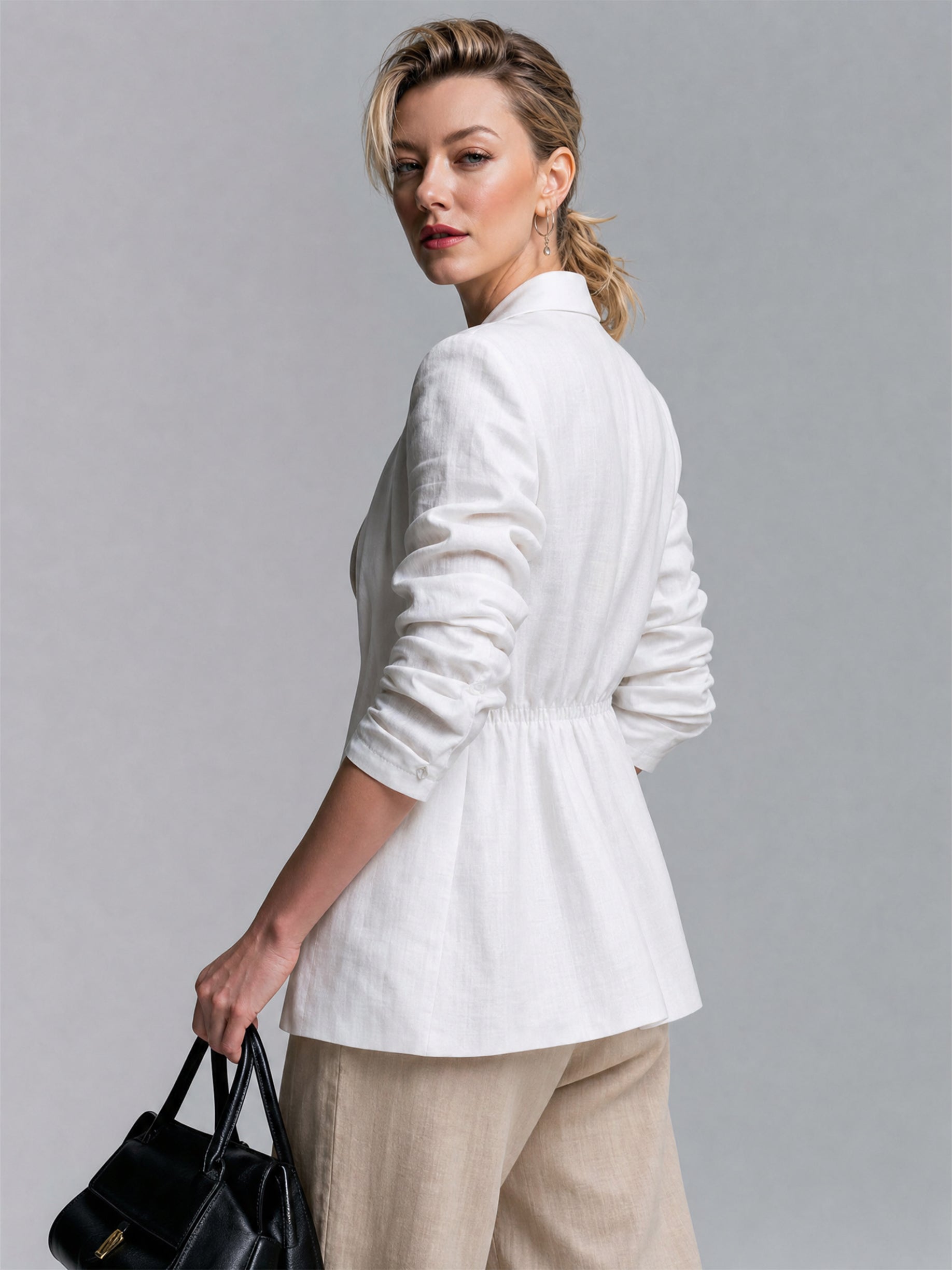 Elegant Linen Jacket With Cinched Drawstring Waist & 3/4 Length Sleeves