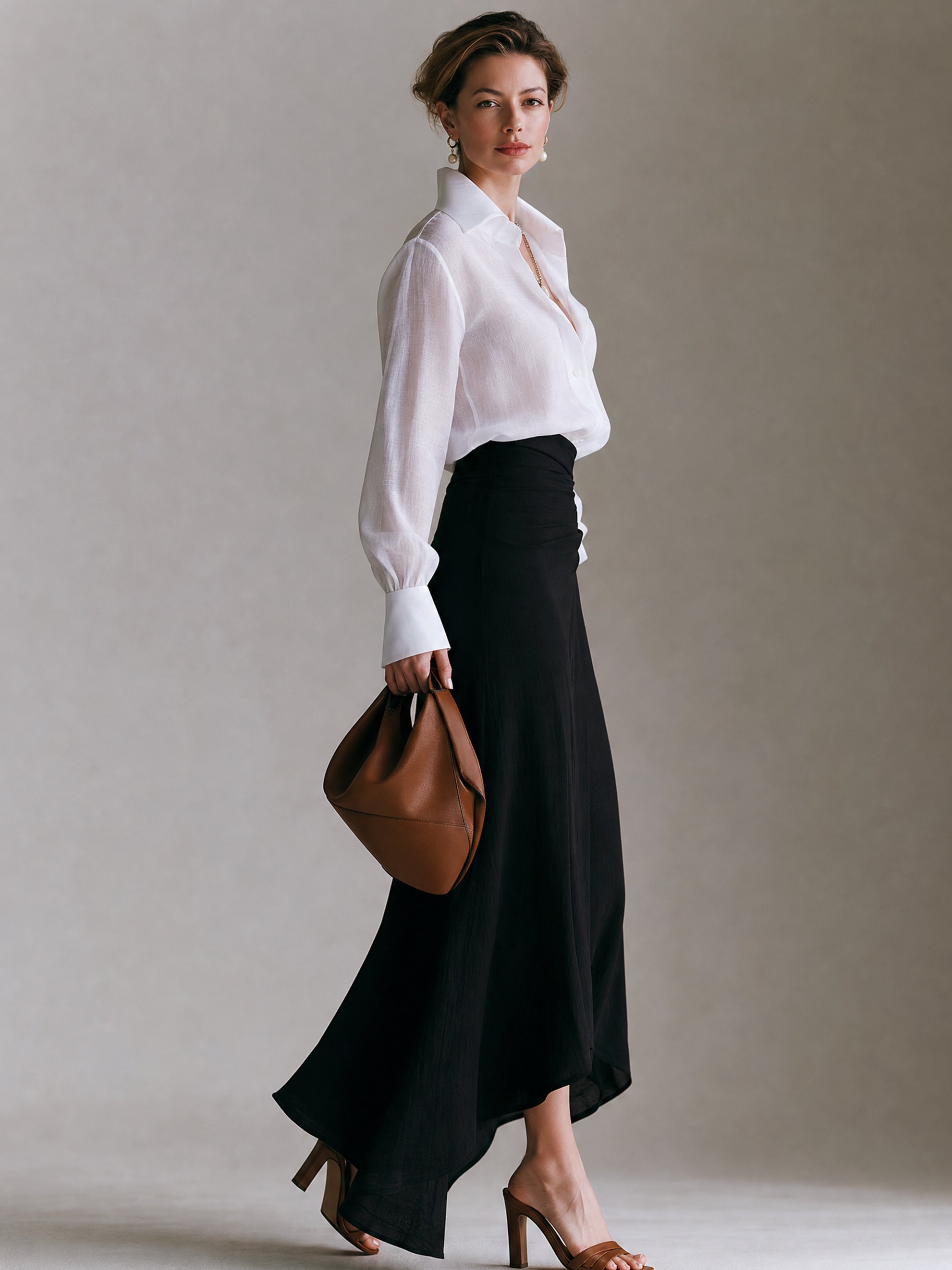 Elegant White Sheer Shirt & Black Wrap Midi Skirt Set