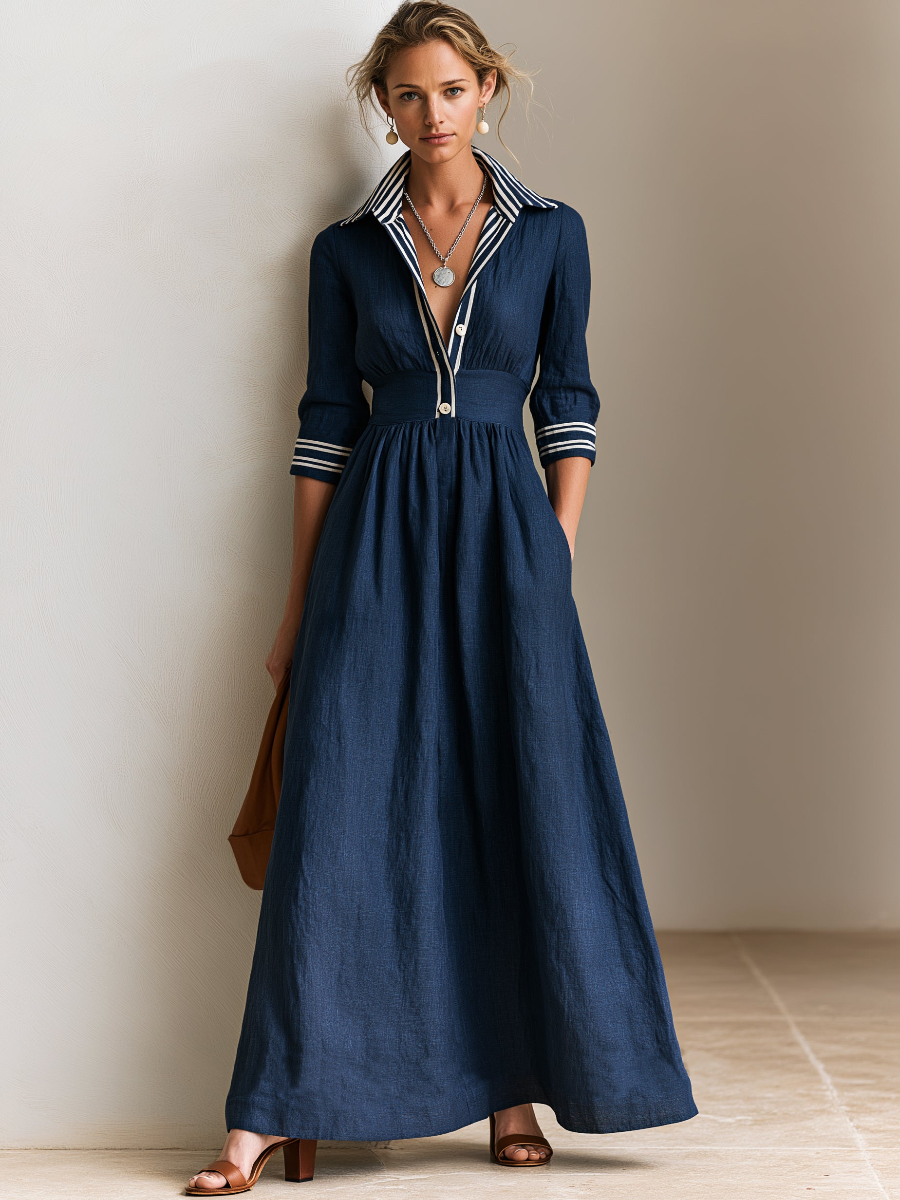 Linen Navy 3/4 Sleeves Contrast Stripe Linen Maxi Shirt Dress
